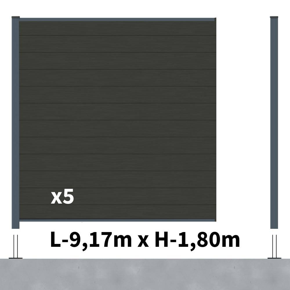 Decklinea - Kit Clôture Composite RIO Anthracite 9x1,8m - Bois composite & Aluminium - Poteaux sur Platines Gris - Brise vue - Palissade - Image 2