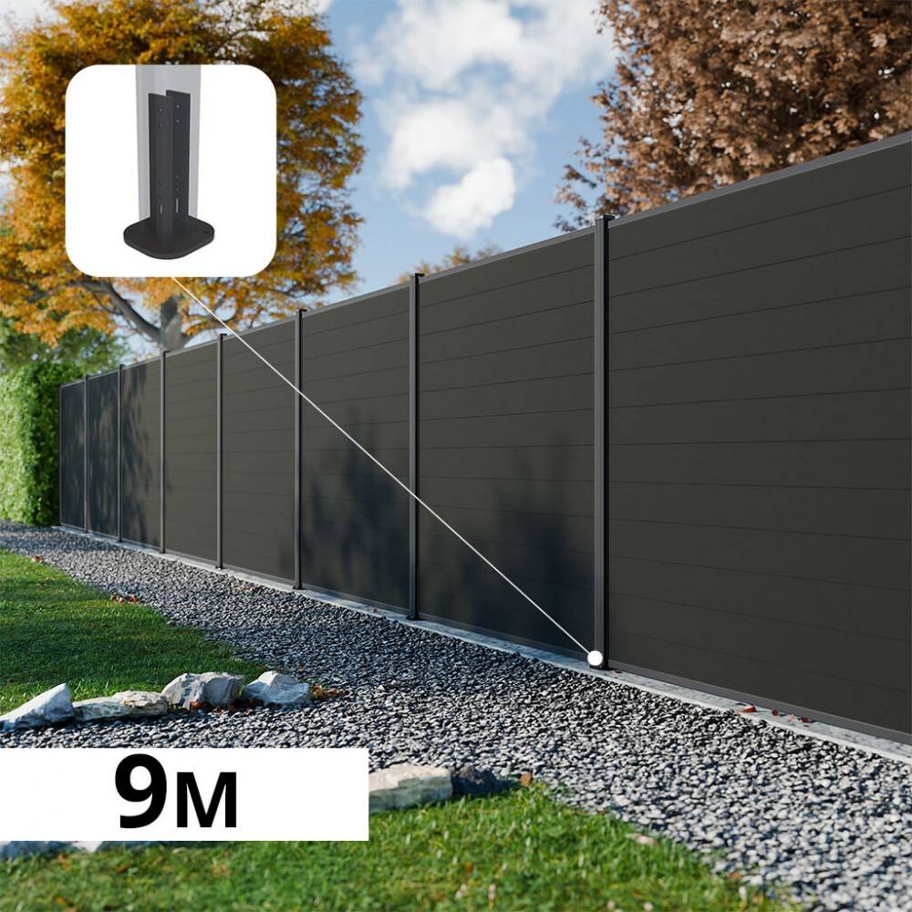Decklinea - Kit Clôture Composite RIO Anthracite 9x1,8m - Bois composite & Aluminium - Poteaux sur Platines Gris - Brise vue - Palissade - Image 1
