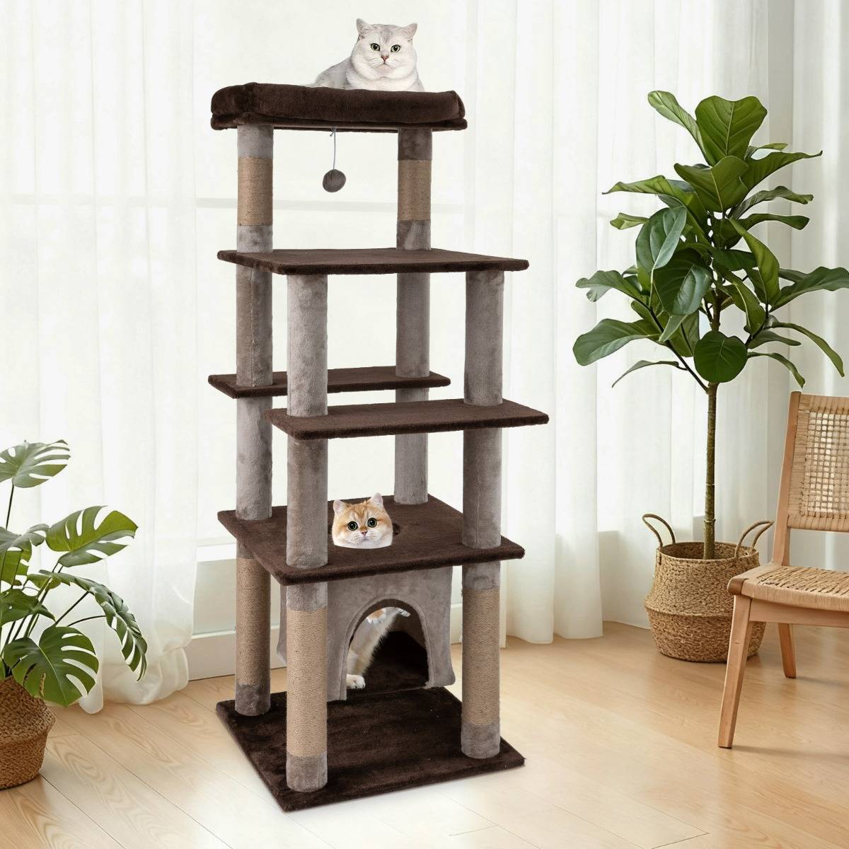 Maison Chic - Grand Arbre à Chat Multi-niveaux Tour pour Chat 148cm avec Perchoir Douillet Griffoirs Marron - Image 3