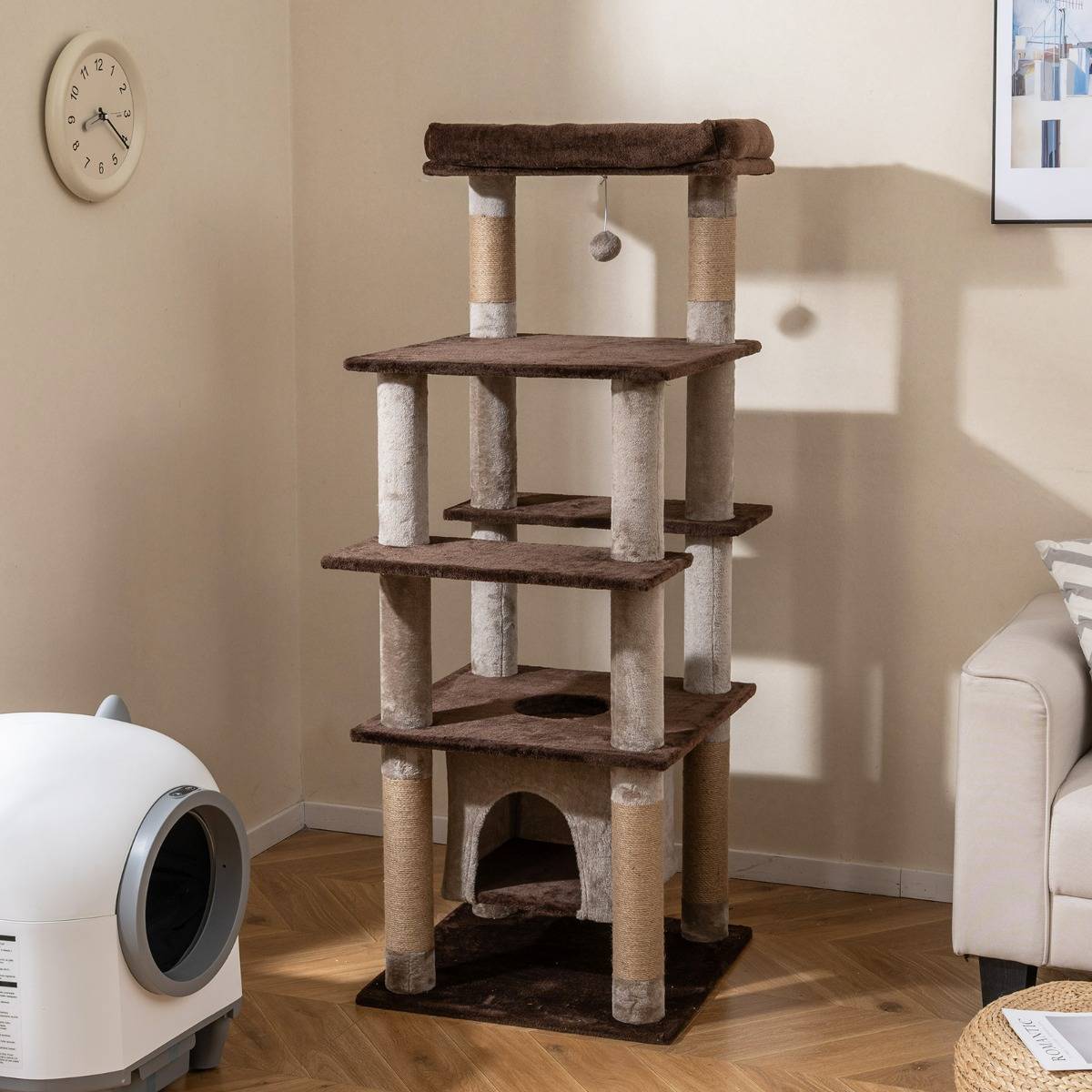 Maison Chic - Grand Arbre à Chat Multi-niveaux Tour pour Chat 148cm avec Perchoir Douillet Griffoirs Marron - Image 2