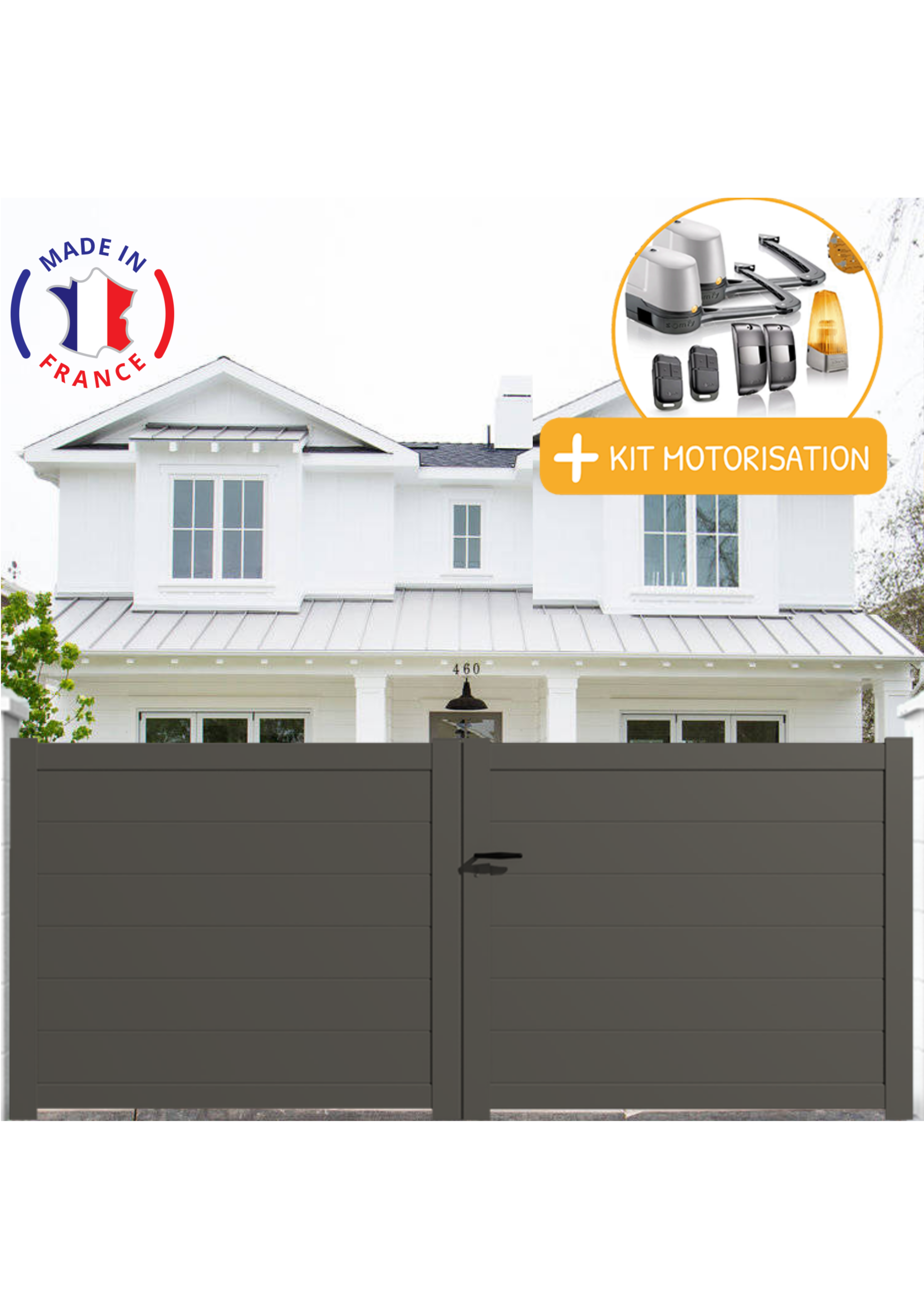 Portail Packit - Portail alu battant plein en kit +MOT dim. L.4000 (entre piliers ) X H.1700 mmMOT LOCKYVIA (à bras)  Gris Quartz (RAL 7039)