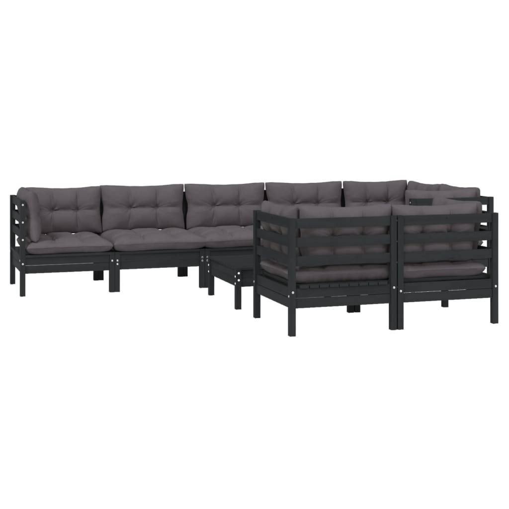 Helloshop26 - Salon de jardin meuble d'extérieur ensemble de mobilier 9 pièces avec coussins noir bois de pin massif - Imagen 2