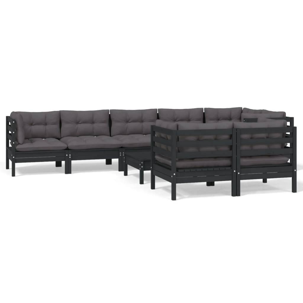 Helloshop26 - Salon de jardin meuble d'extérieur ensemble de mobilier 9 pièces avec coussins noir bois de pin massif - Imagen 1
