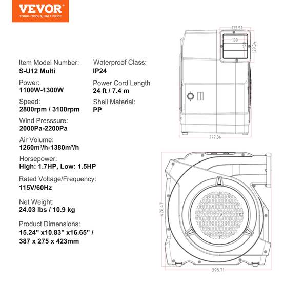 VEVOR Souffleur maison rebond gonflable, 1100 W. Pompe à air commerciale. - Image 7