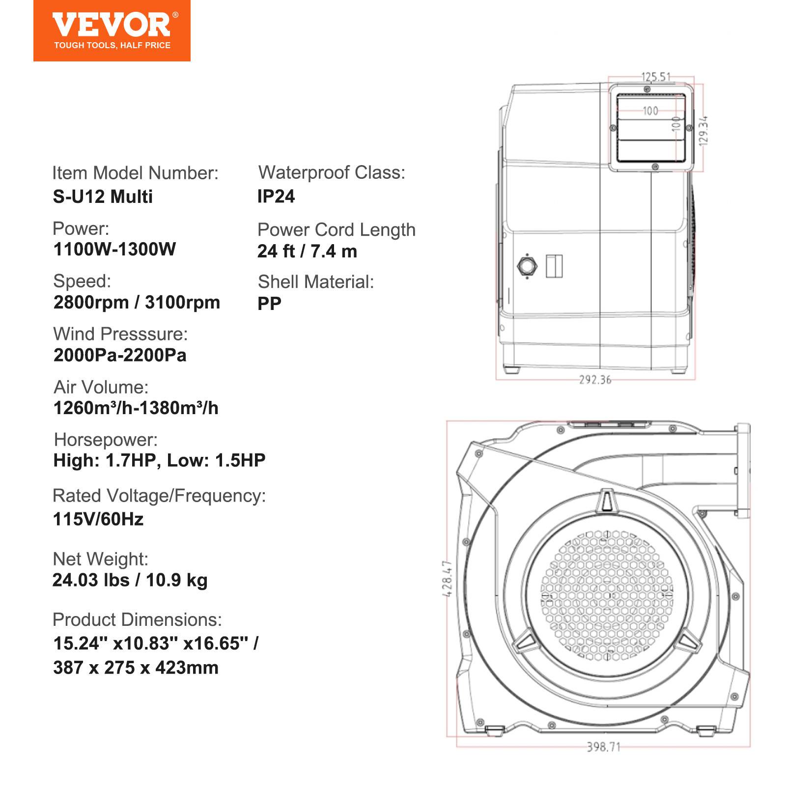 VEVOR Souffleur maison rebond gonflable, 1100 W. Pompe à air commerciale. - Image 7