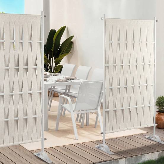 Paravent extérieur claustra décoratif 80 x 150 cm sangles beige et métal blanc - Image 4