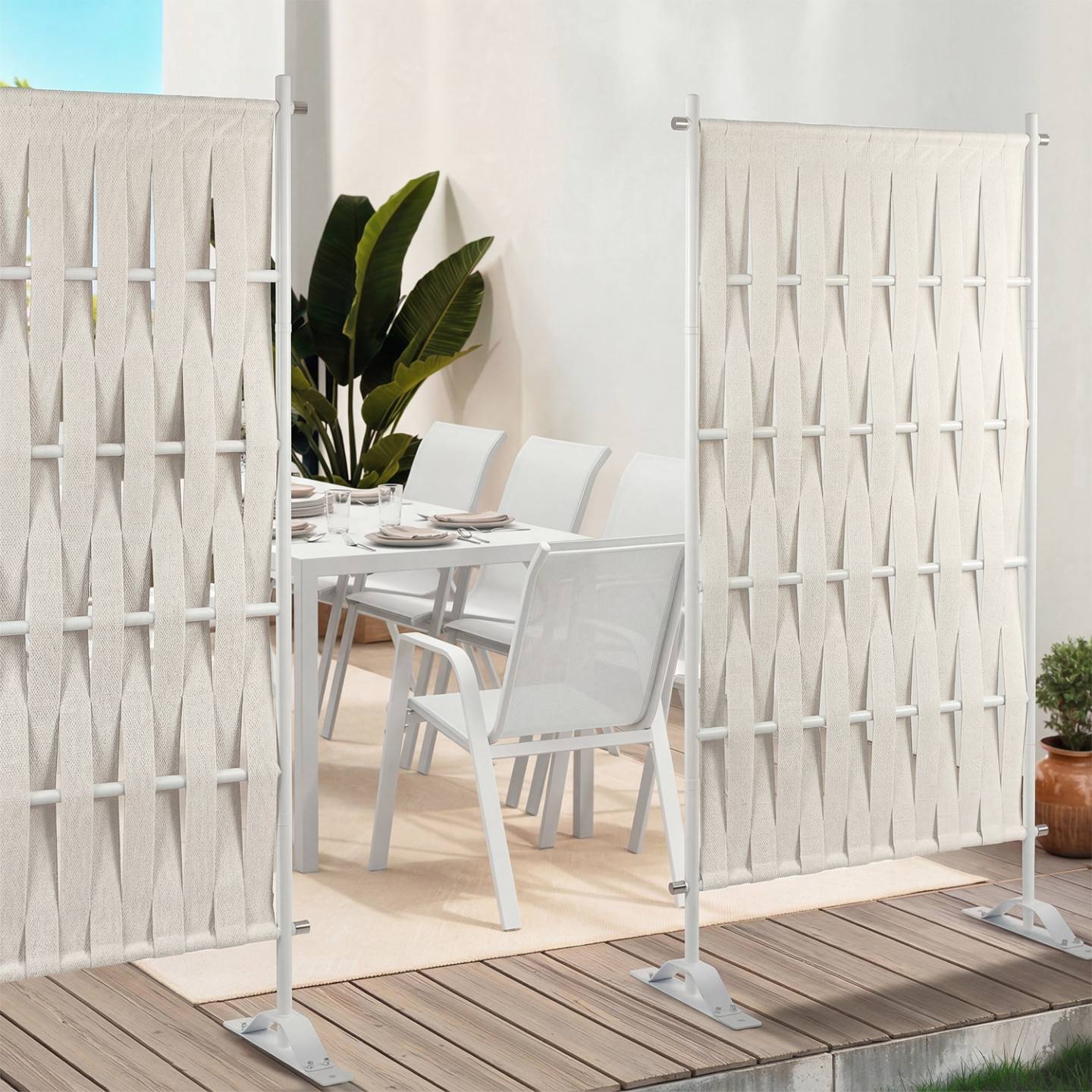 Paravent extérieur claustra décoratif 80 x 150 cm sangles beige et métal blanc - Image 4