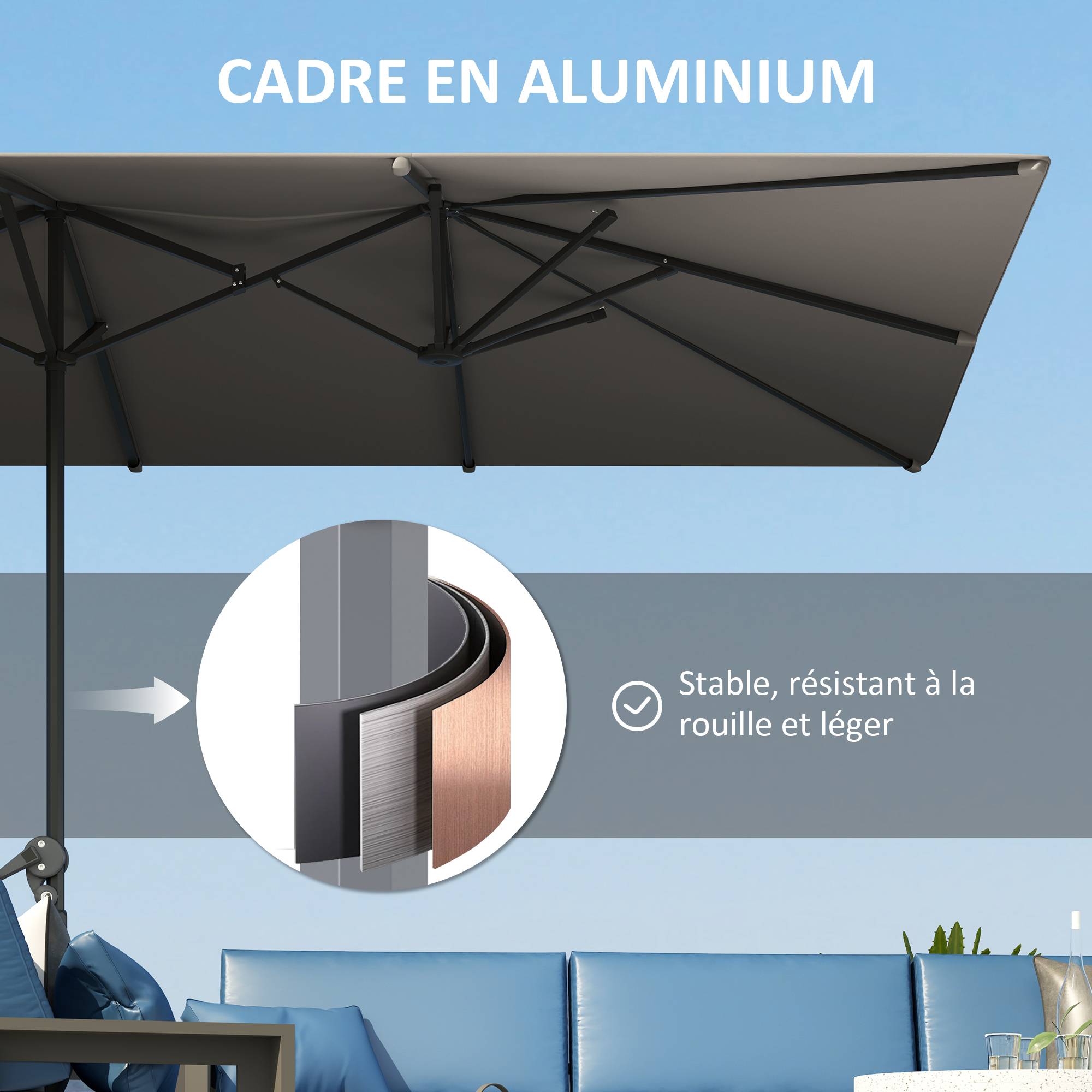 PANGIVO - Parasol double rectangulaire en aluminium et polyester gris foncé 451 x 264 x 264 cm - PANGIVO - Image 8