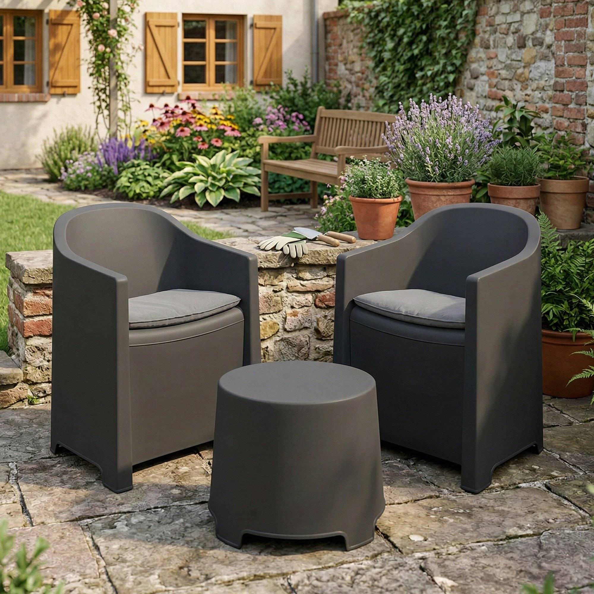 Dmora - Salon d'extérieur Milazzo, Composition de jardin avec 2 fauteuils et 1 table basse, Salon intérieur et extérieur avec coussins, Anthracite - Dmora - Imagen 2