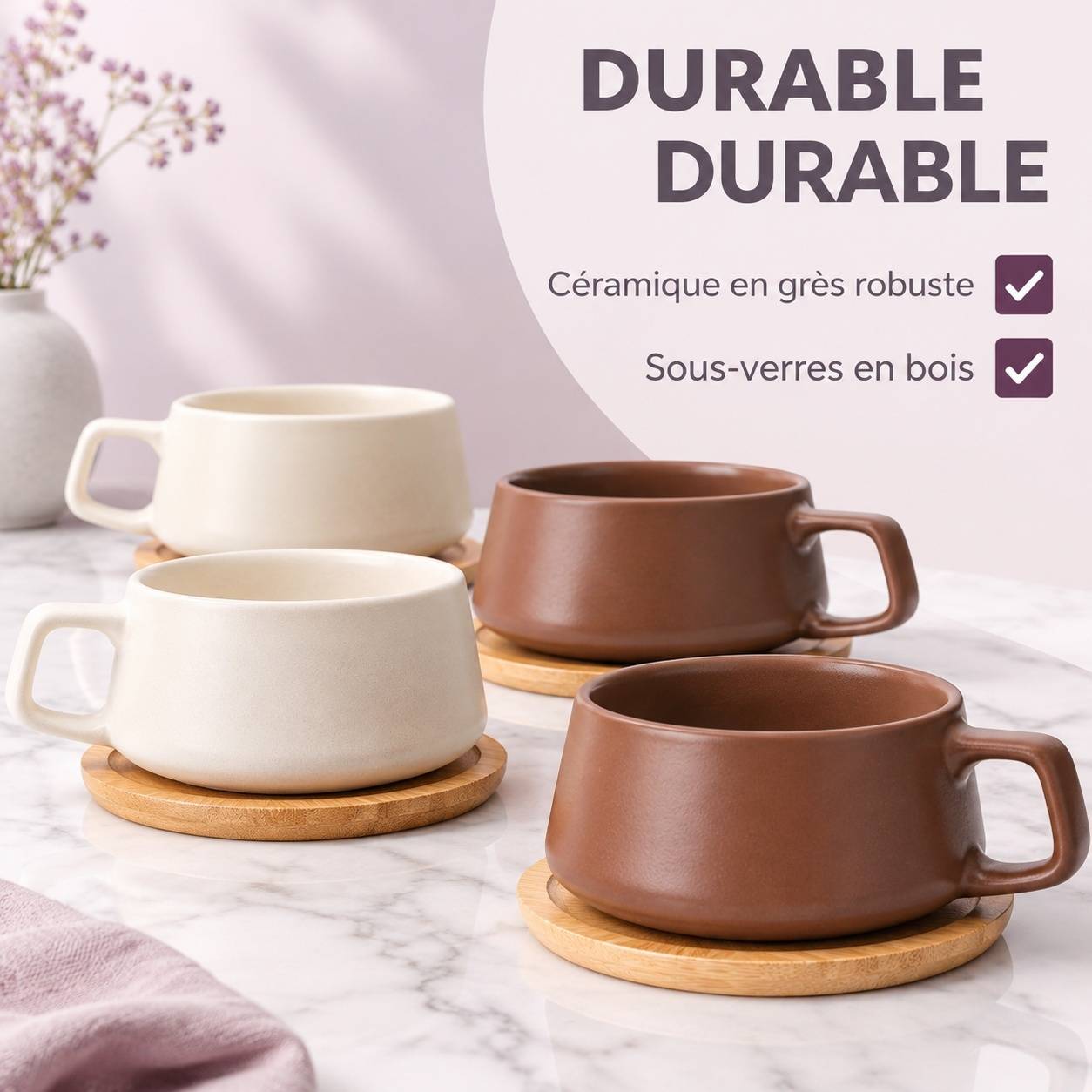 Set de 4 Tasses à Cappuccino en Céramique avec Soucoupes en Bois - Image 5