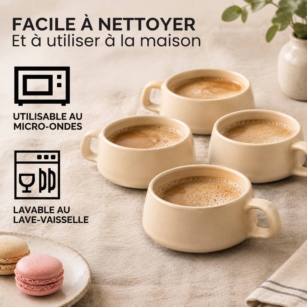 Set de 4 Tasses à Cappuccino en Céramique avec Soucoupes en Bois - Image 4