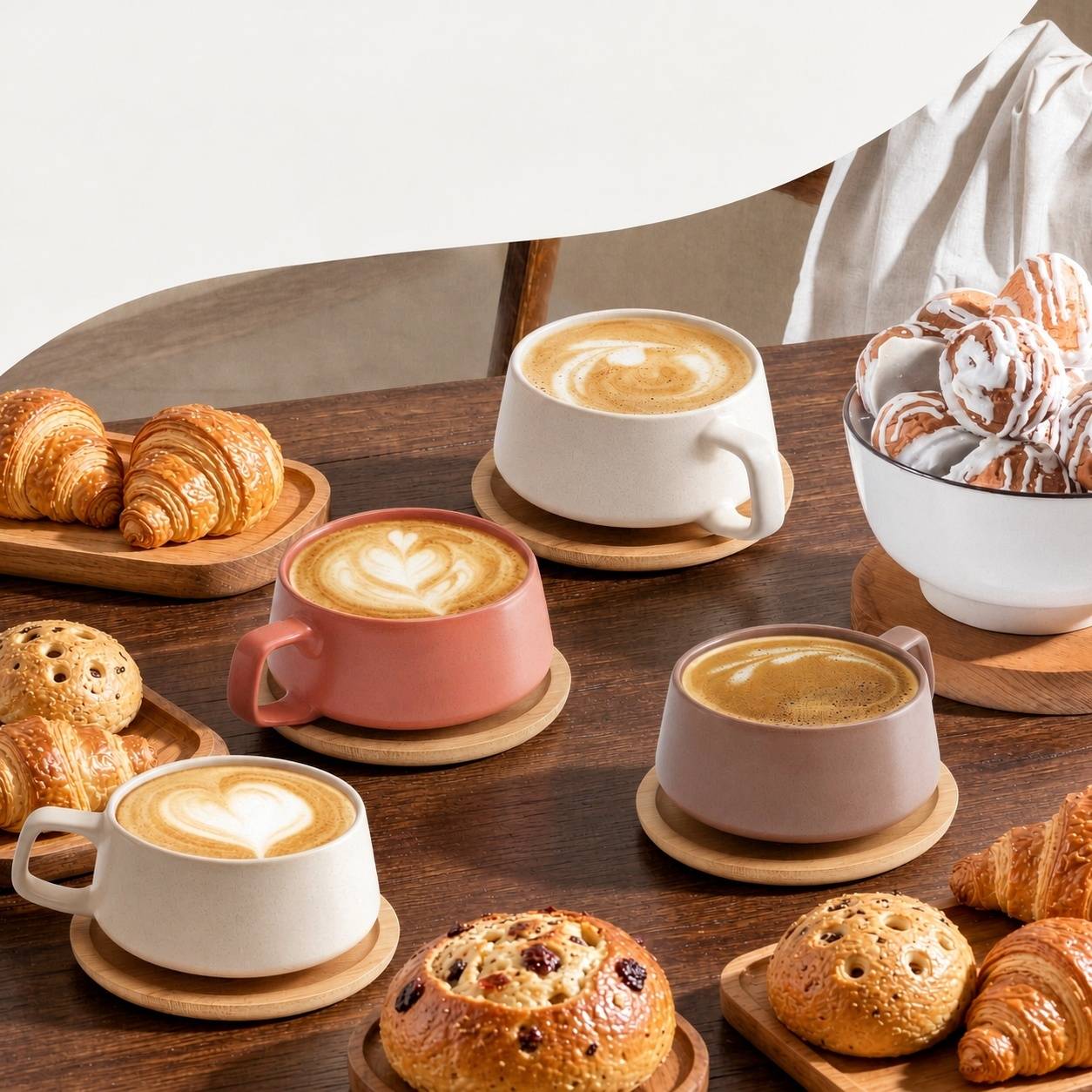 Set de 4 Tasses à Cappuccino en Céramique avec Soucoupes en Bois - Image 2