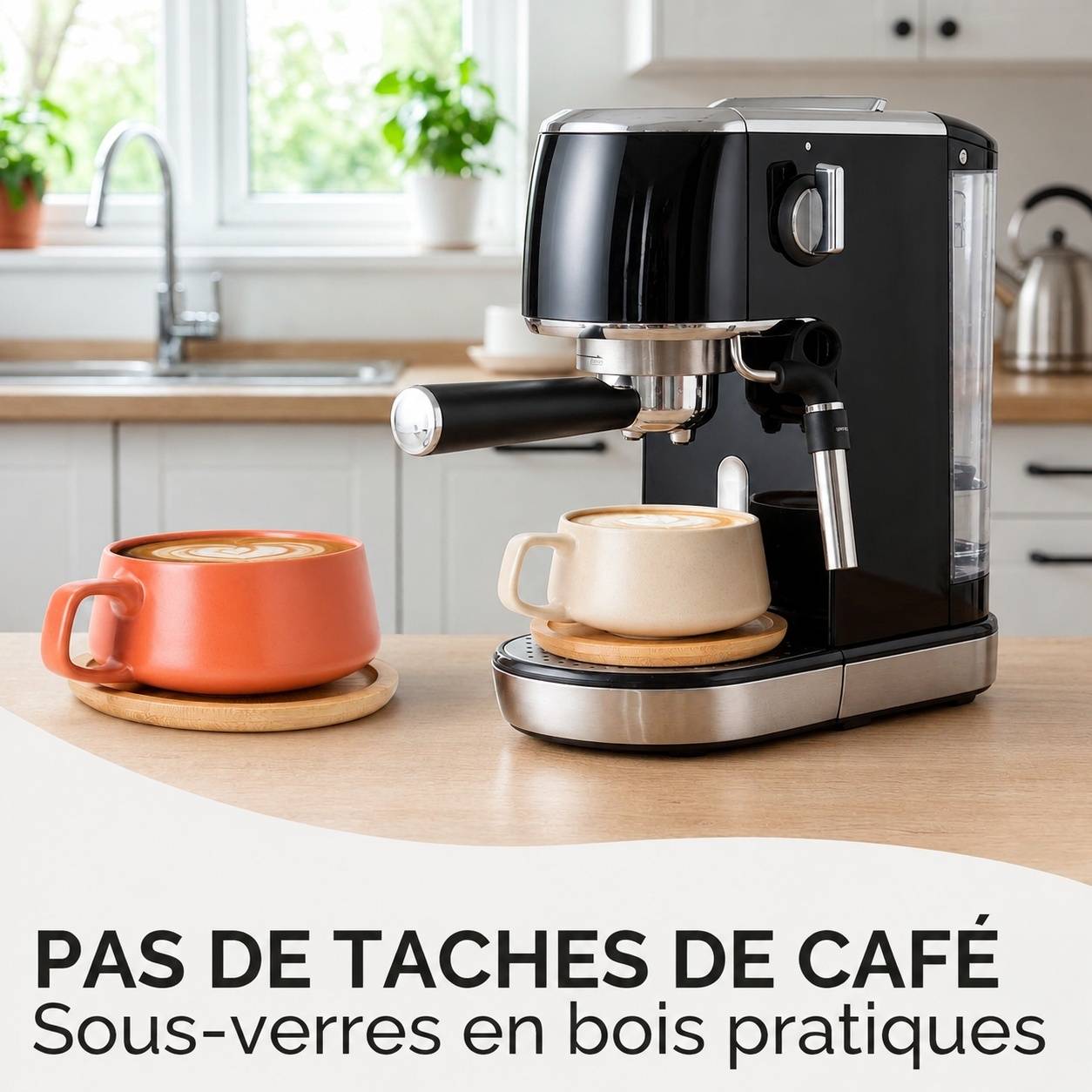 Set de 4 Tasses à Cappuccino en Céramique avec Soucoupes en Bois - Image 3