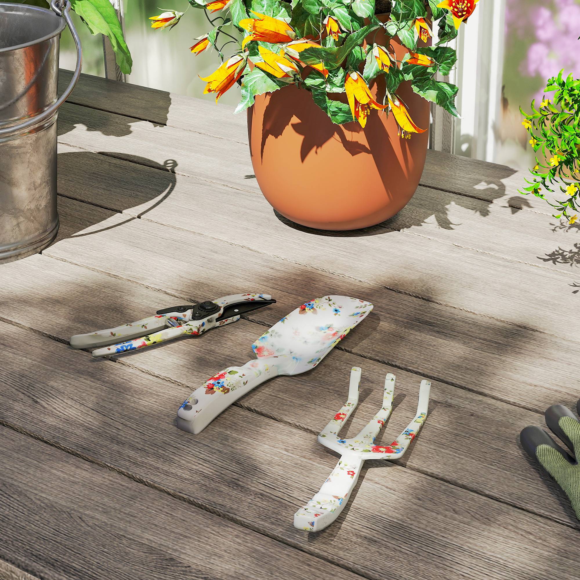 ComfortXL - Kit outils de jardinage aluminium 3 pièces multicolore pelle râteau sécateur plantation taille et entretien - Image 8