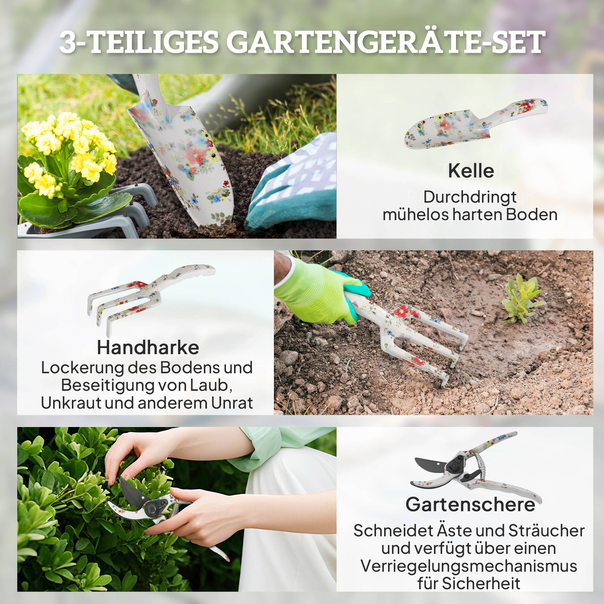 ComfortXL - Kit outils de jardinage aluminium 3 pièces multicolore pelle râteau sécateur plantation taille et entretien - Image 4