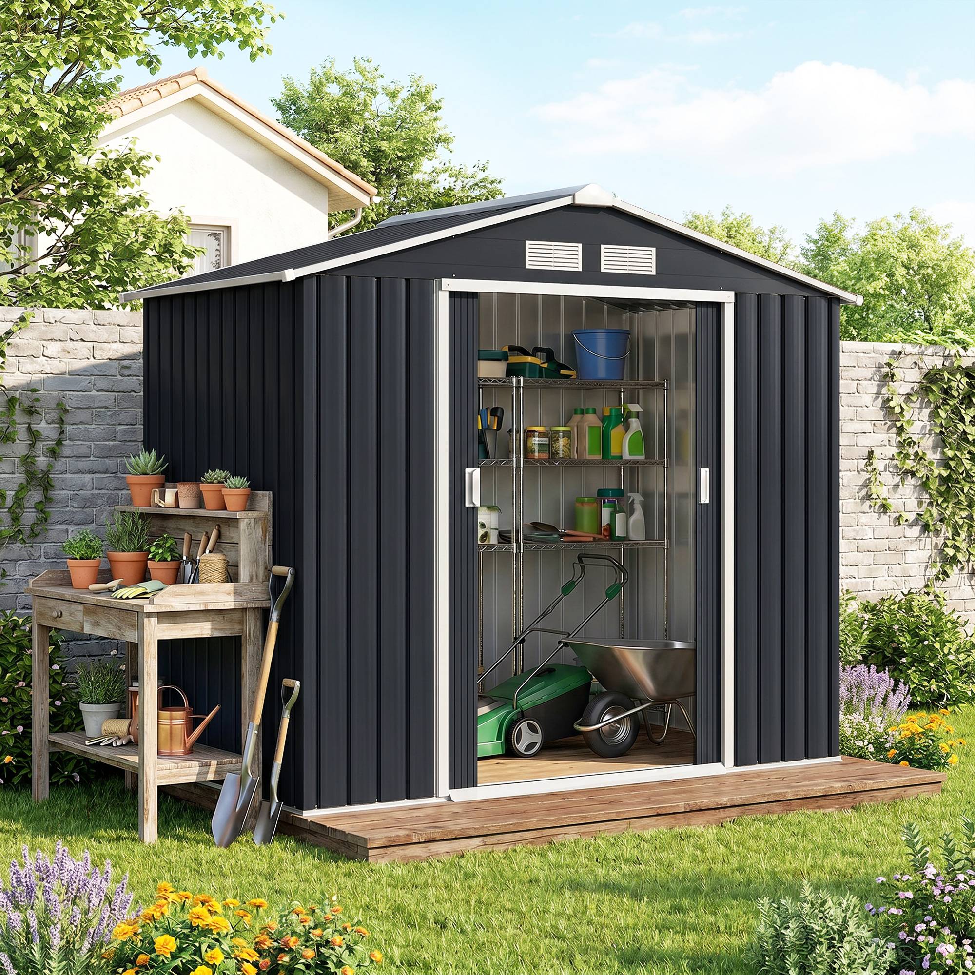 Abri de jardin avec portes coulissantes, 2,13 x 1,30 x 1,85 cm, métal, gris anthracite - Image 4