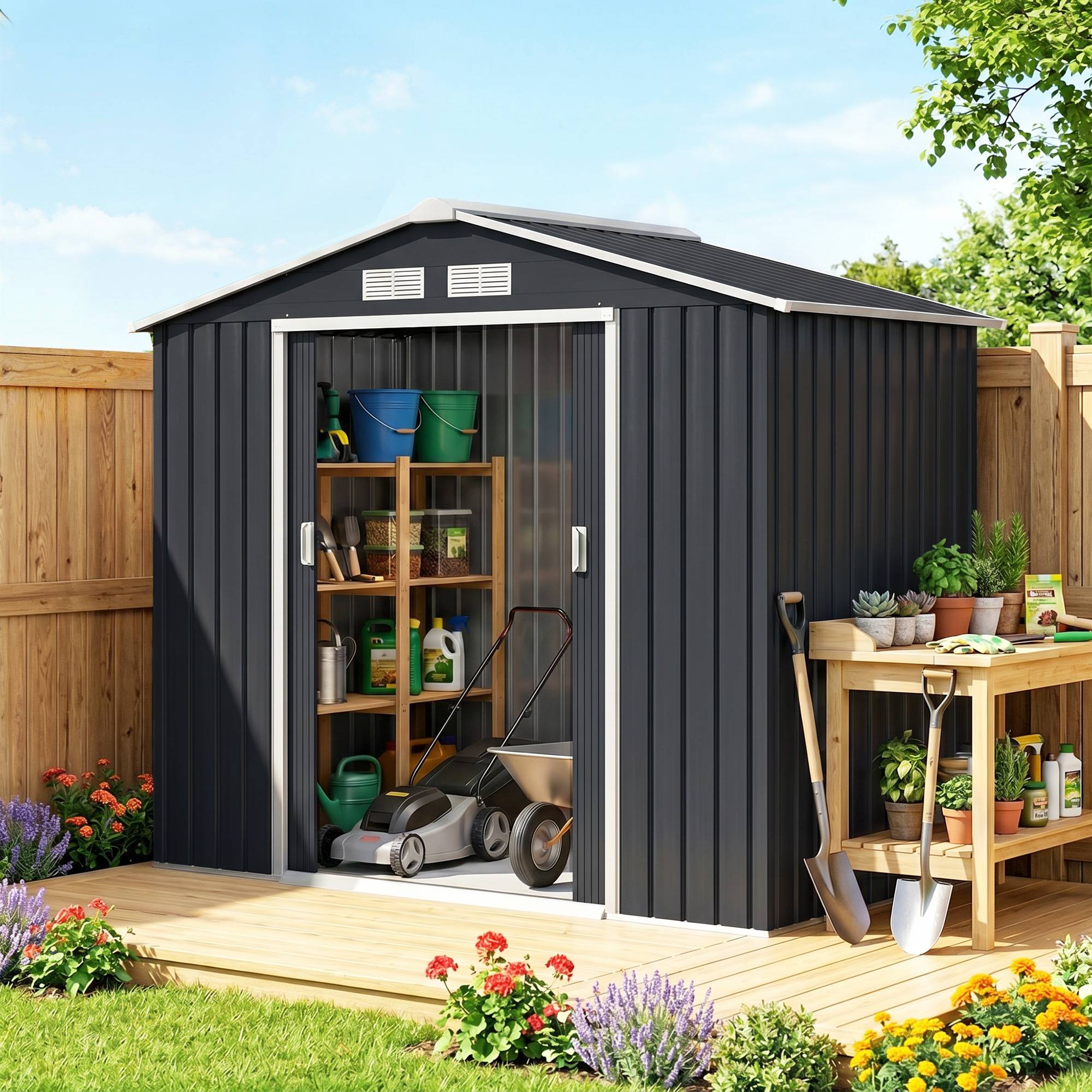 Abri de jardin avec portes coulissantes, 2,13 x 1,30 x 1,85 cm, métal, gris anthracite - Image 3