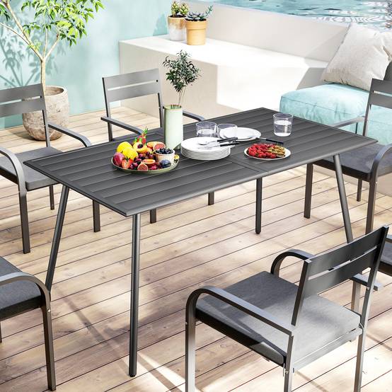 Outsunny - Table à manger de jardin 6 personnes dim. 150 x 80 x 74 cm plateau à lattes acier époxy gris - Image 5
