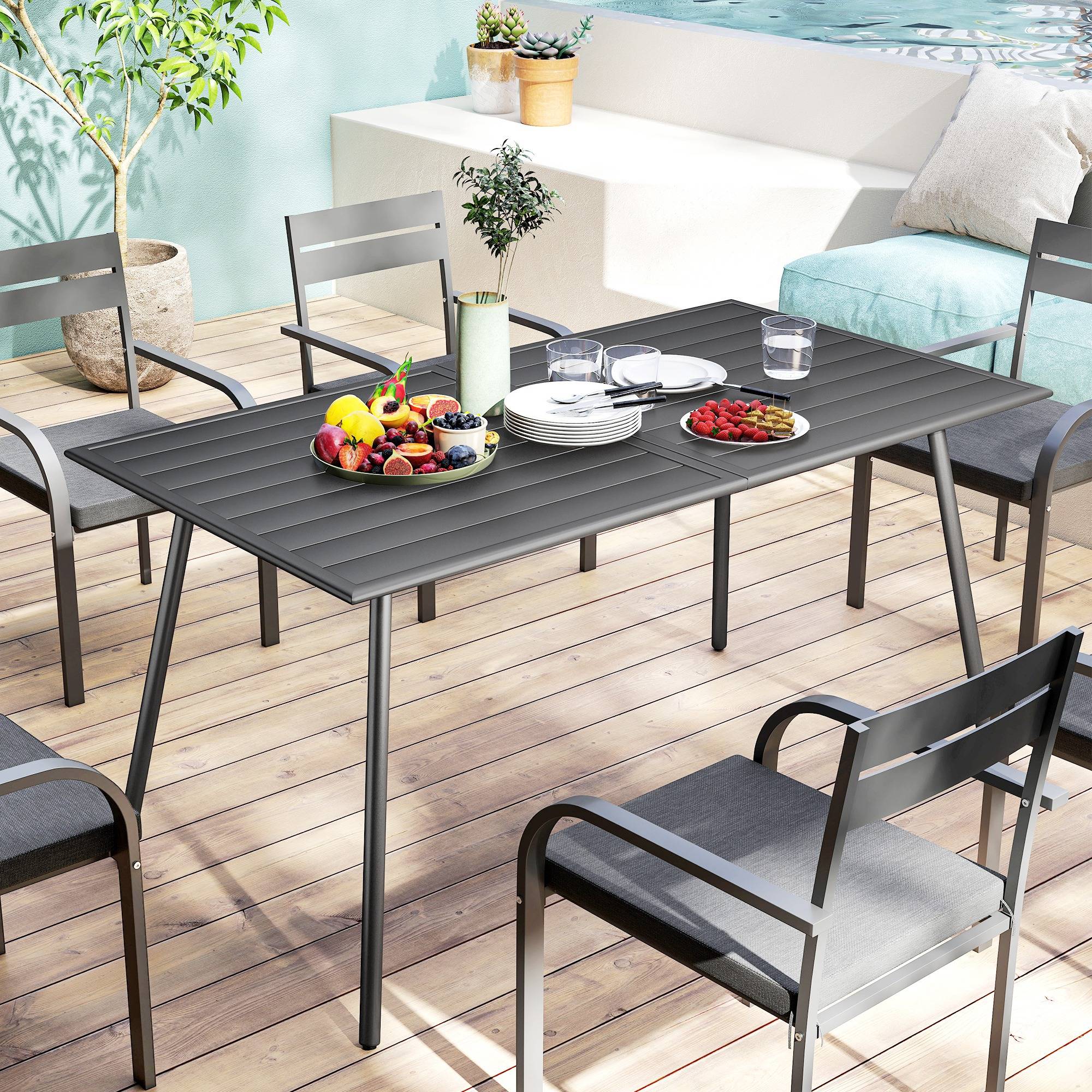 Outsunny - Table à manger de jardin 6 personnes dim. 150 x 80 x 74 cm plateau à lattes acier époxy gris - Image 5