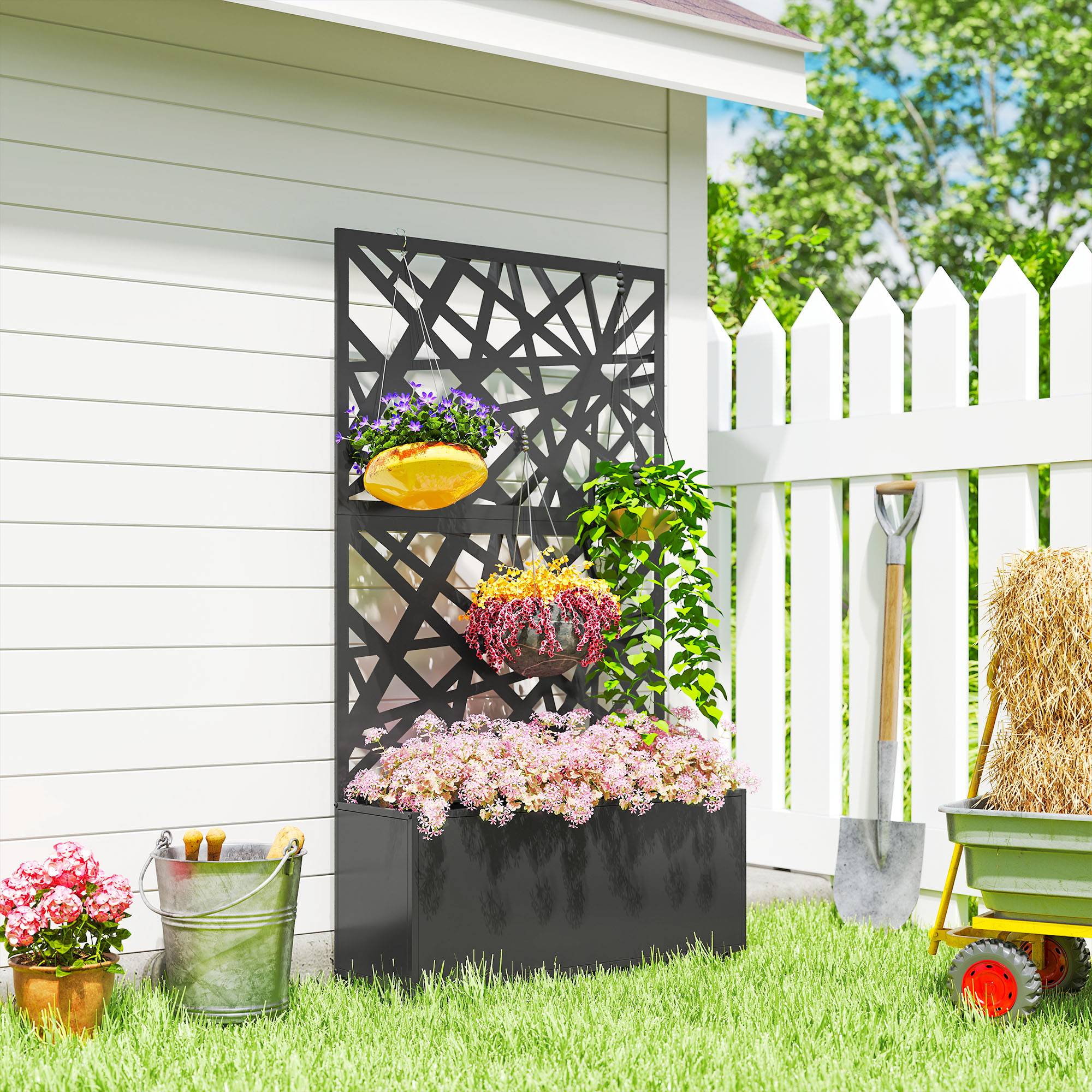 ComfortXL - Jardinière Treillis Brise Vue Métal Jardin Intimité Sur Roulettes 90x30x160cm Noir - ComfortXL Outdoor Living - Image 3