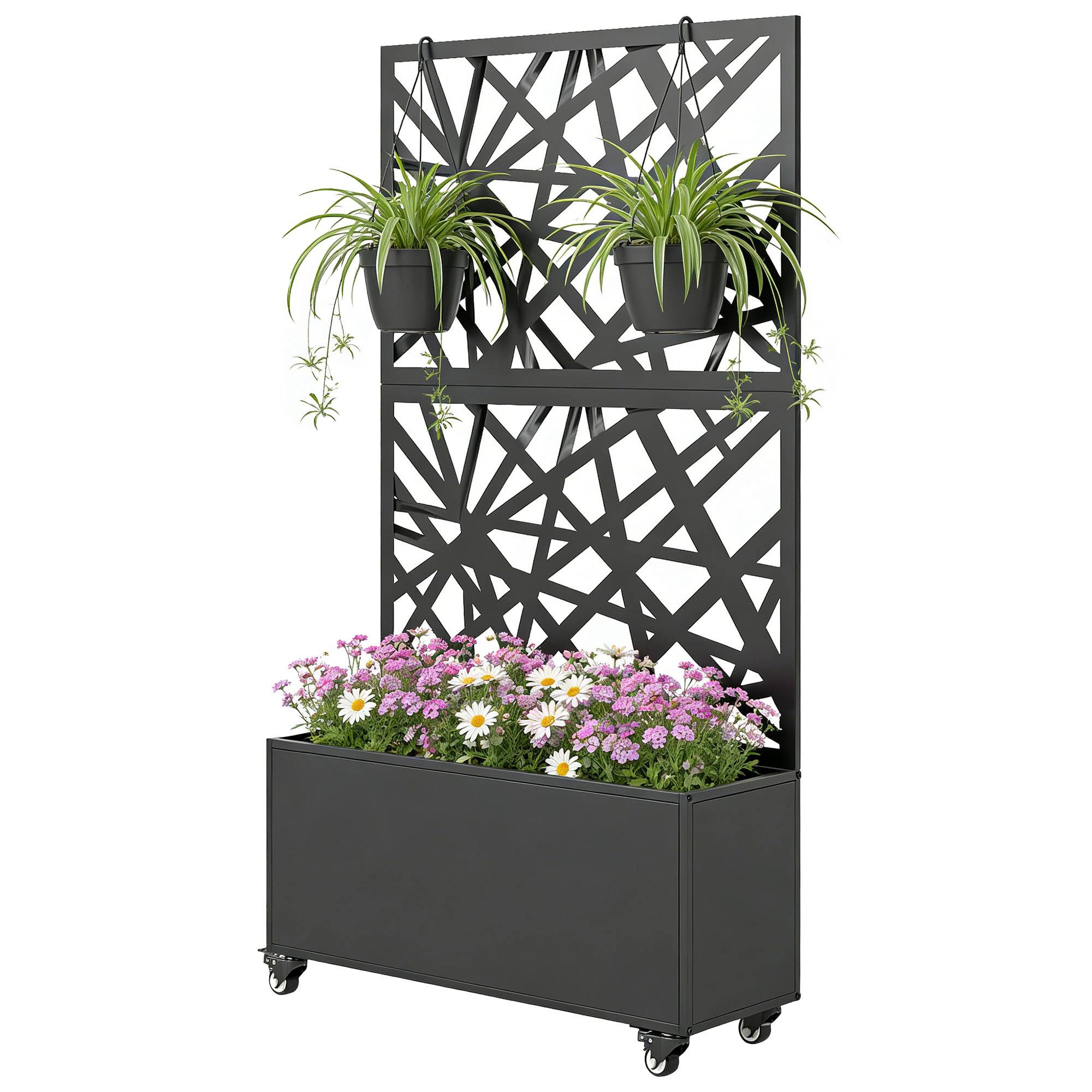 ComfortXL - Jardinière Treillis Brise Vue Métal Jardin Intimité Sur Roulettes 90x30x160cm Noir - ComfortXL Outdoor Living - Image 2