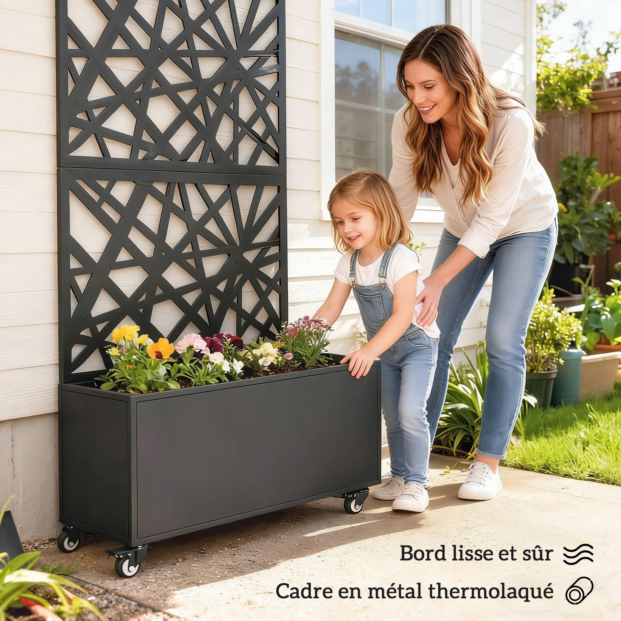 ComfortXL - Jardinière Treillis Brise Vue Métal Jardin Intimité Sur Roulettes 90x30x160cm Noir - ComfortXL Outdoor Living - Image 9