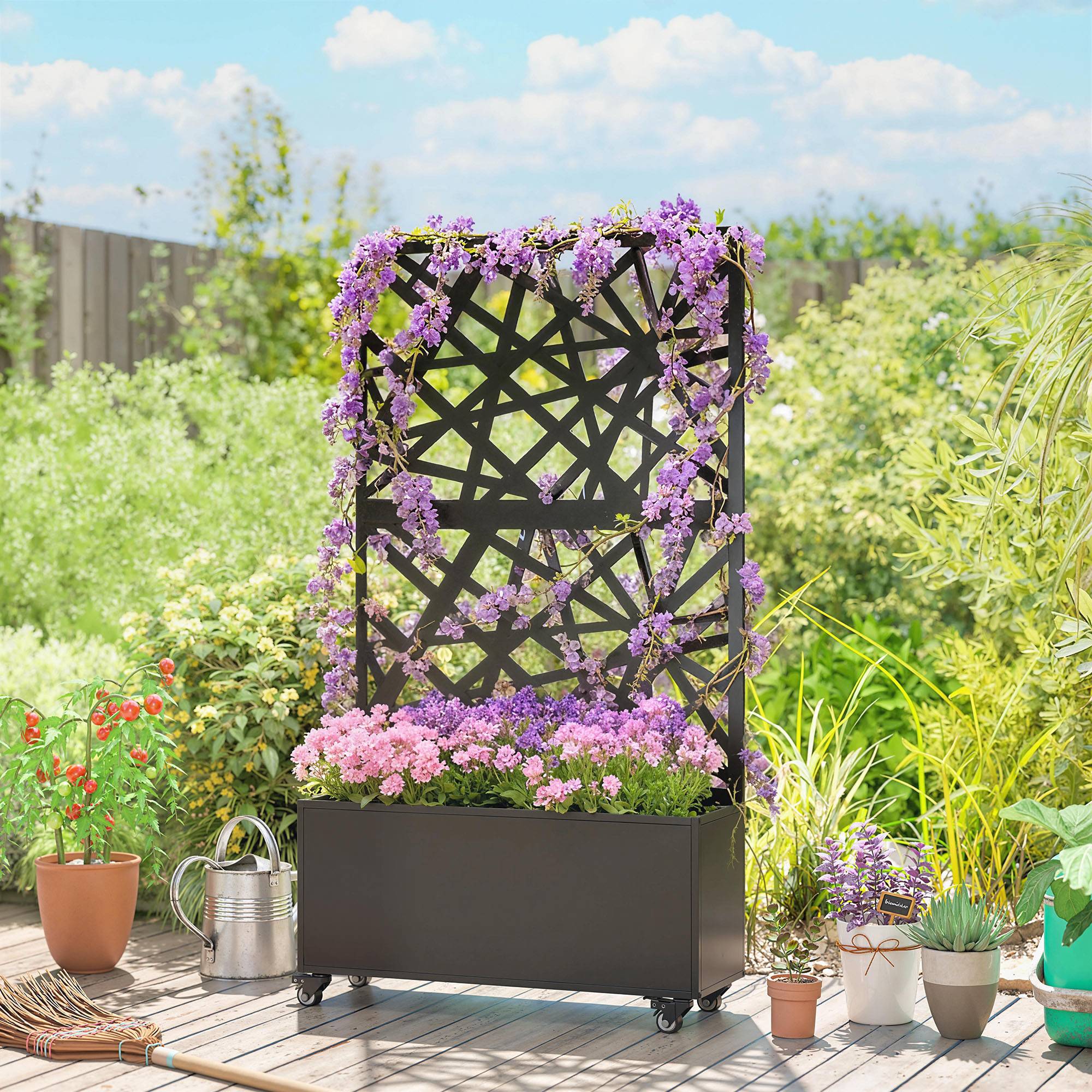 ComfortXL - Jardinière Treillis Brise Vue Métal Jardin Intimité Sur Roulettes 90x30x160cm Noir - ComfortXL Outdoor Living - Image 4