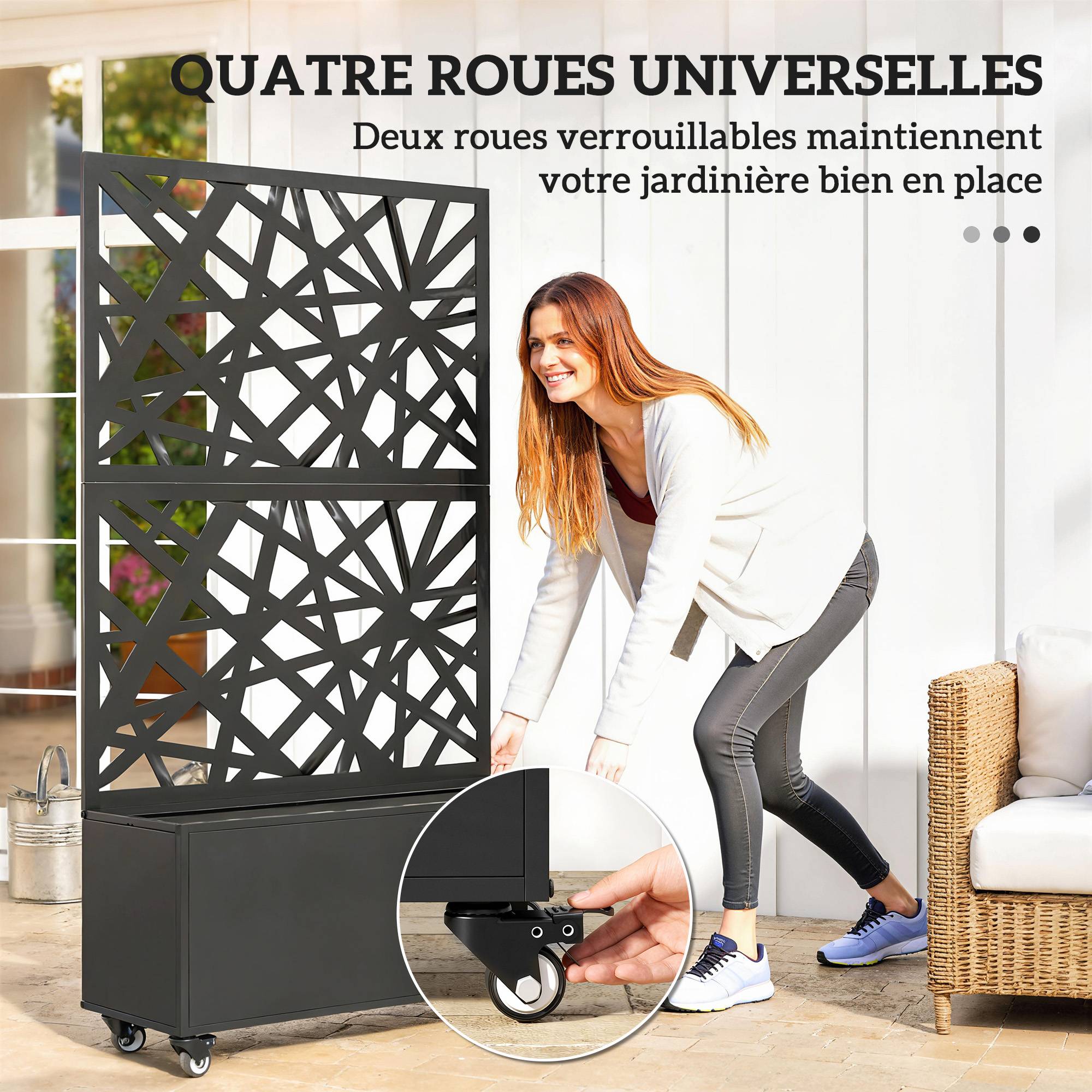 ComfortXL - Jardinière Treillis Brise Vue Métal Jardin Intimité Sur Roulettes 90x30x160cm Noir - ComfortXL Outdoor Living - Image 8