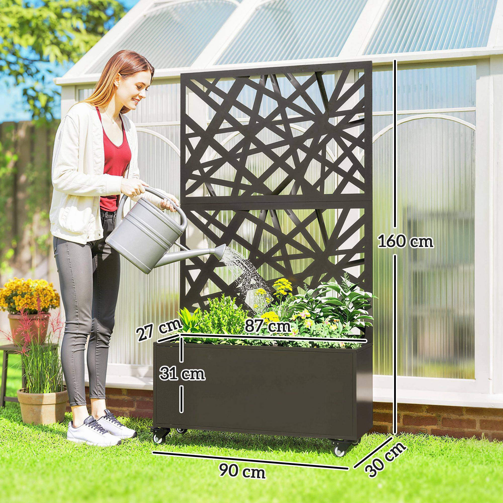 ComfortXL - Jardinière Treillis Brise Vue Métal Jardin Intimité Sur Roulettes 90x30x160cm Noir - ComfortXL Outdoor Living - Image 5