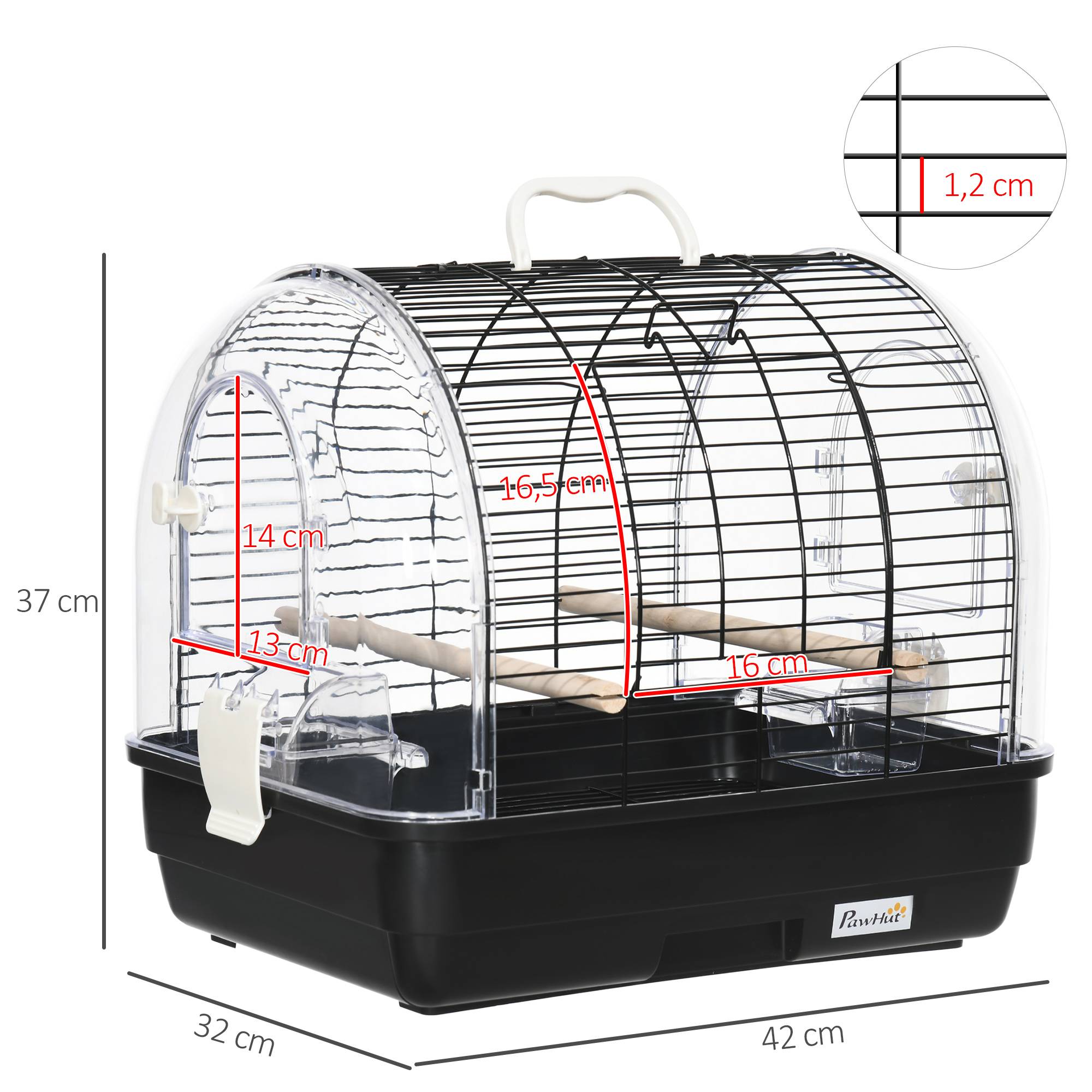 Pawhut - Cage à oiseaux portable 2 mangeoires 2 perchoirs 3 portes plateau excrément amovible poignée transport métal PS noir - Imagen 3