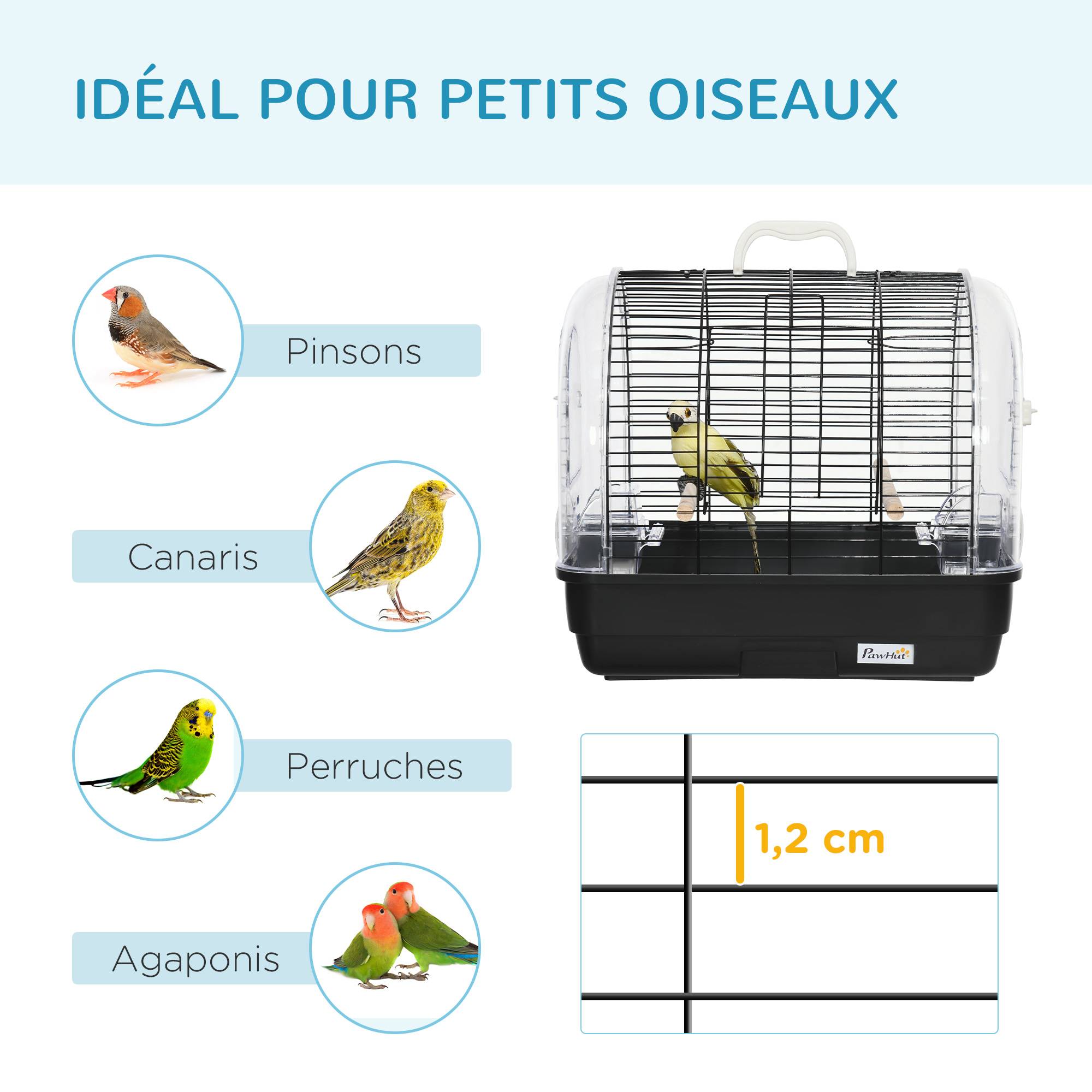 Pawhut - Cage à oiseaux portable 2 mangeoires 2 perchoirs 3 portes plateau excrément amovible poignée transport métal PS noir - Imagen 7