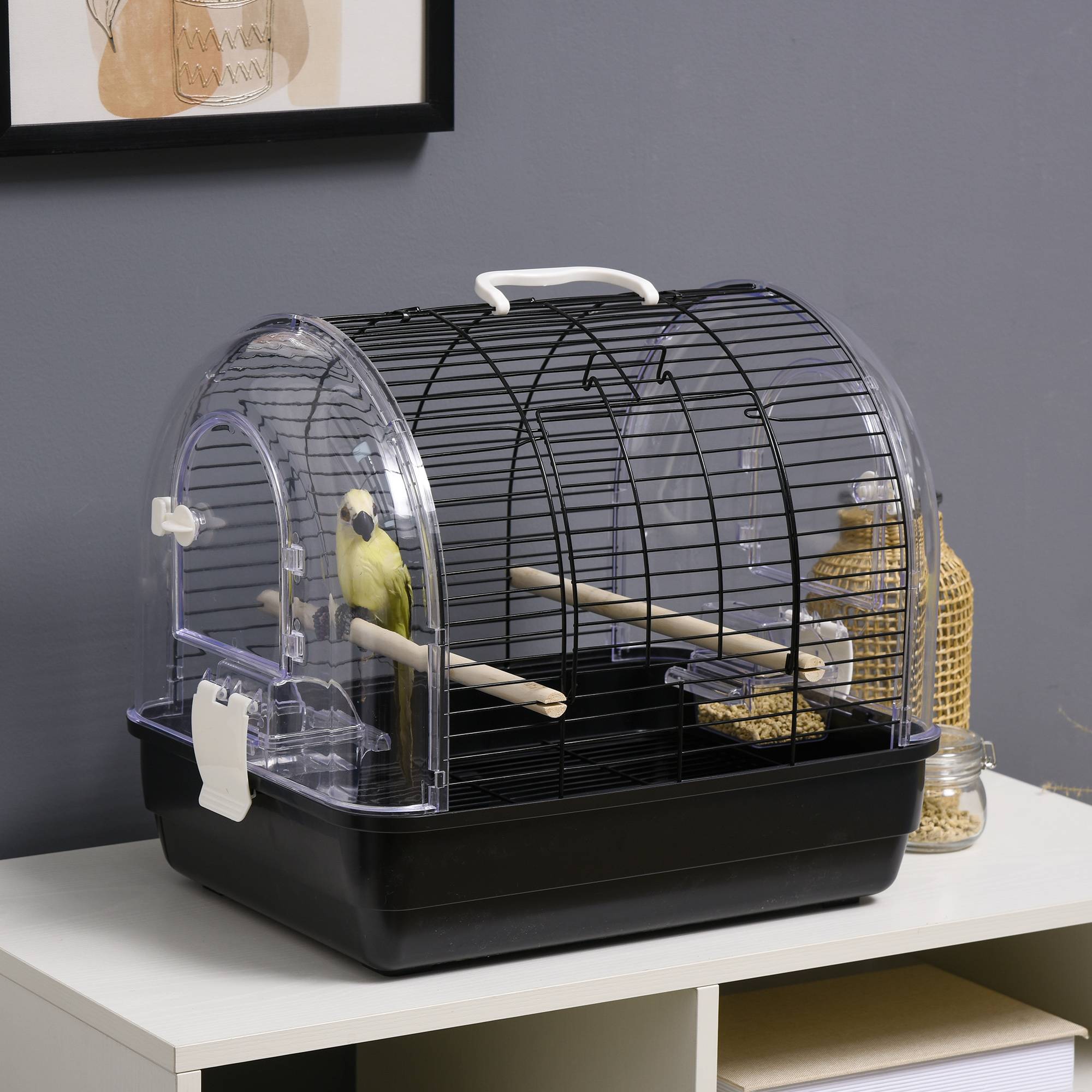 Pawhut - Cage à oiseaux portable 2 mangeoires 2 perchoirs 3 portes plateau excrément amovible poignée transport métal PS noir - Imagen 8