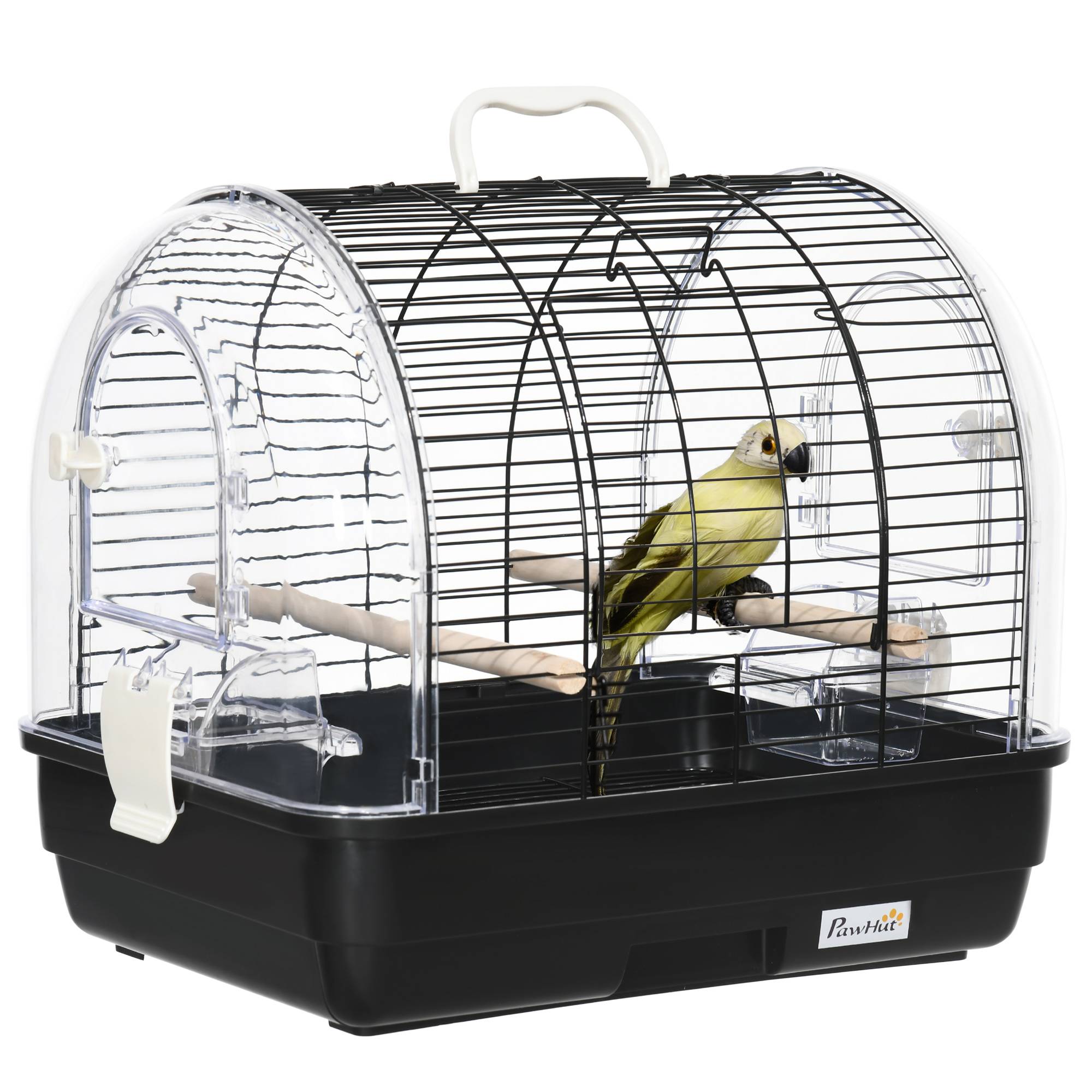 Pawhut - Cage à oiseaux portable 2 mangeoires 2 perchoirs 3 portes plateau excrément amovible poignée transport métal PS noir - Imagen 1
