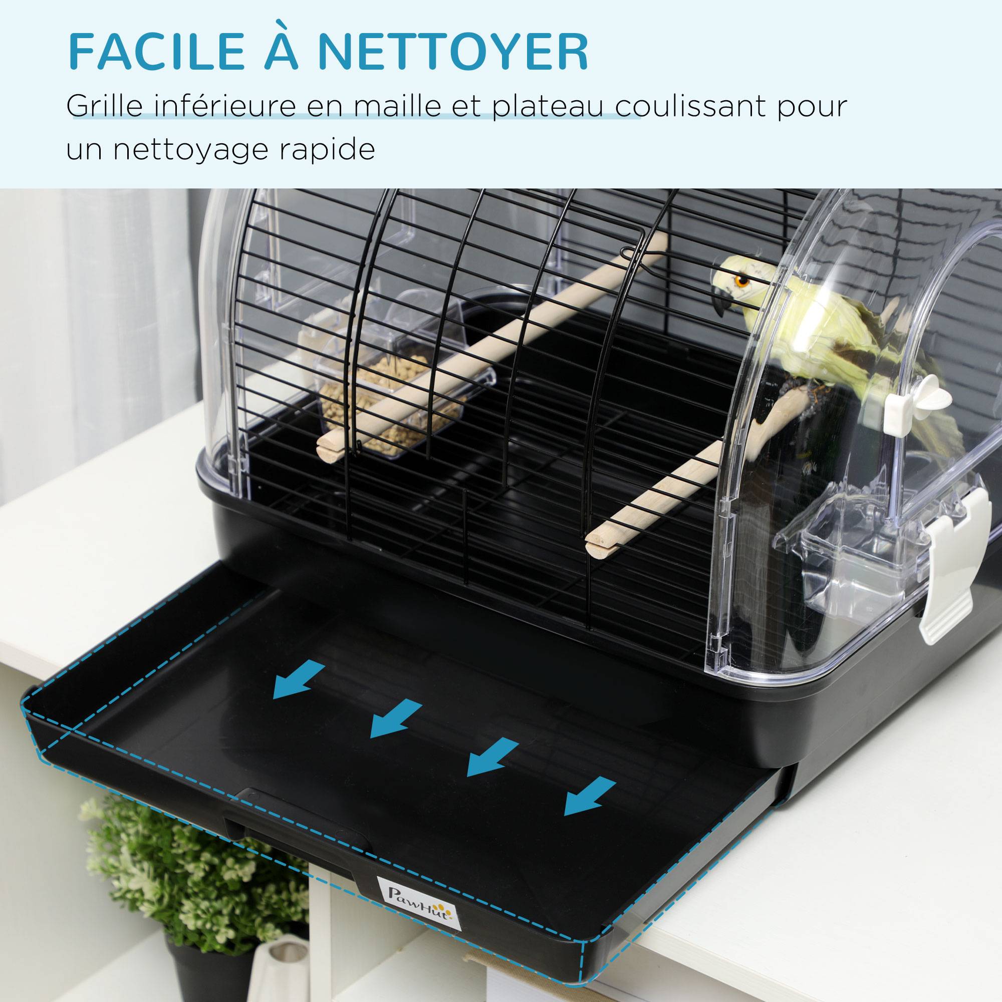 Pawhut - Cage à oiseaux portable 2 mangeoires 2 perchoirs 3 portes plateau excrément amovible poignée transport métal PS noir - Imagen 4