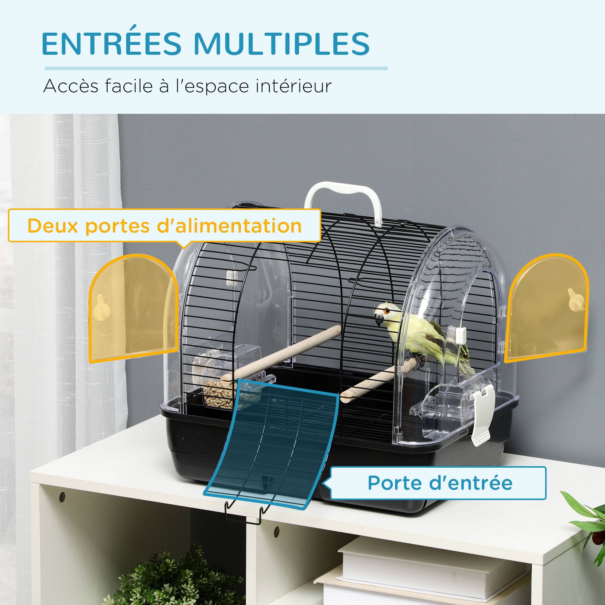 Pawhut - Cage à oiseaux portable 2 mangeoires 2 perchoirs 3 portes plateau excrément amovible poignée transport métal PS noir - Imagen 5