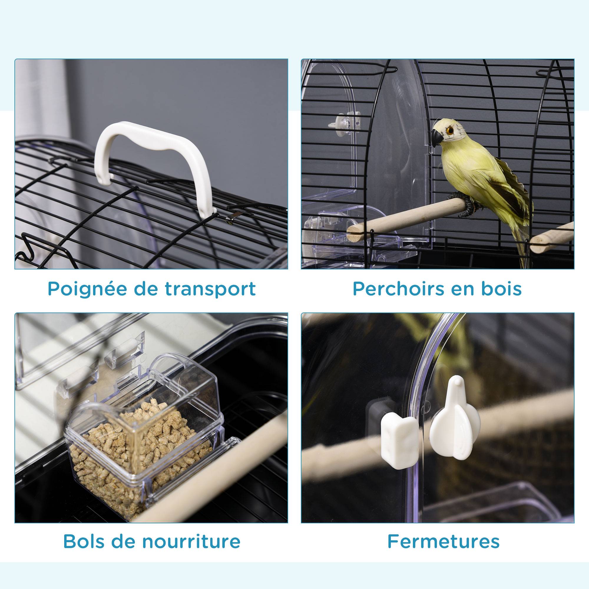 Pawhut - Cage à oiseaux portable 2 mangeoires 2 perchoirs 3 portes plateau excrément amovible poignée transport métal PS noir - Imagen 6