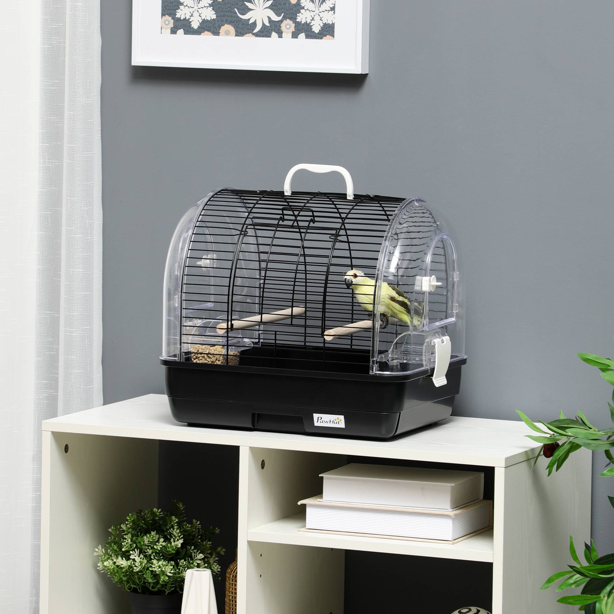 Pawhut - Cage à oiseaux portable 2 mangeoires 2 perchoirs 3 portes plateau excrément amovible poignée transport métal PS noir - Imagen 2