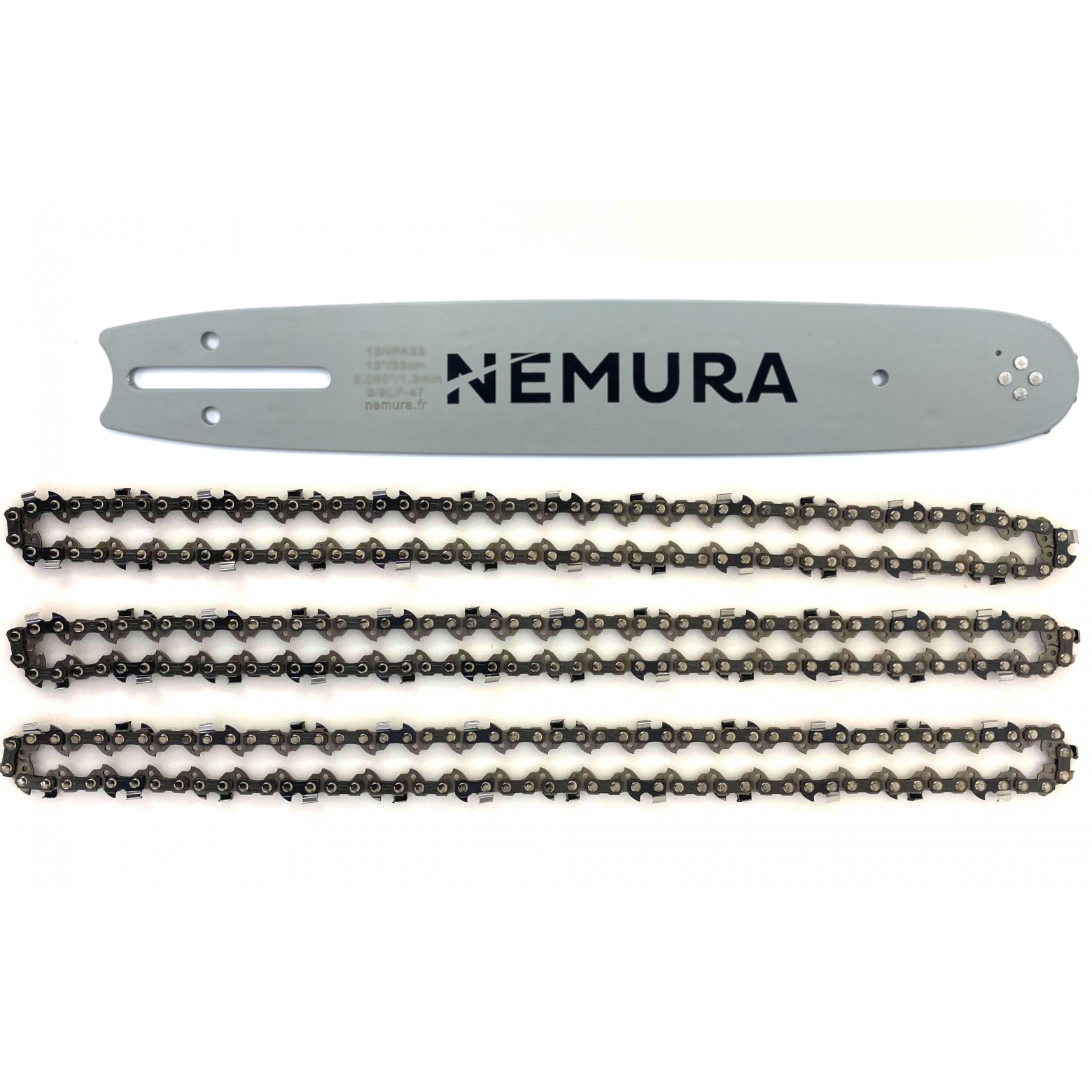 Nemura - Pour Echo CS3000 - Guide 33cm + 3 Chaînes de tronçonneuse - 47 Entraineurs - Pas 3/8LP - Jauge 0.50 (1.3mm) - Image 1
