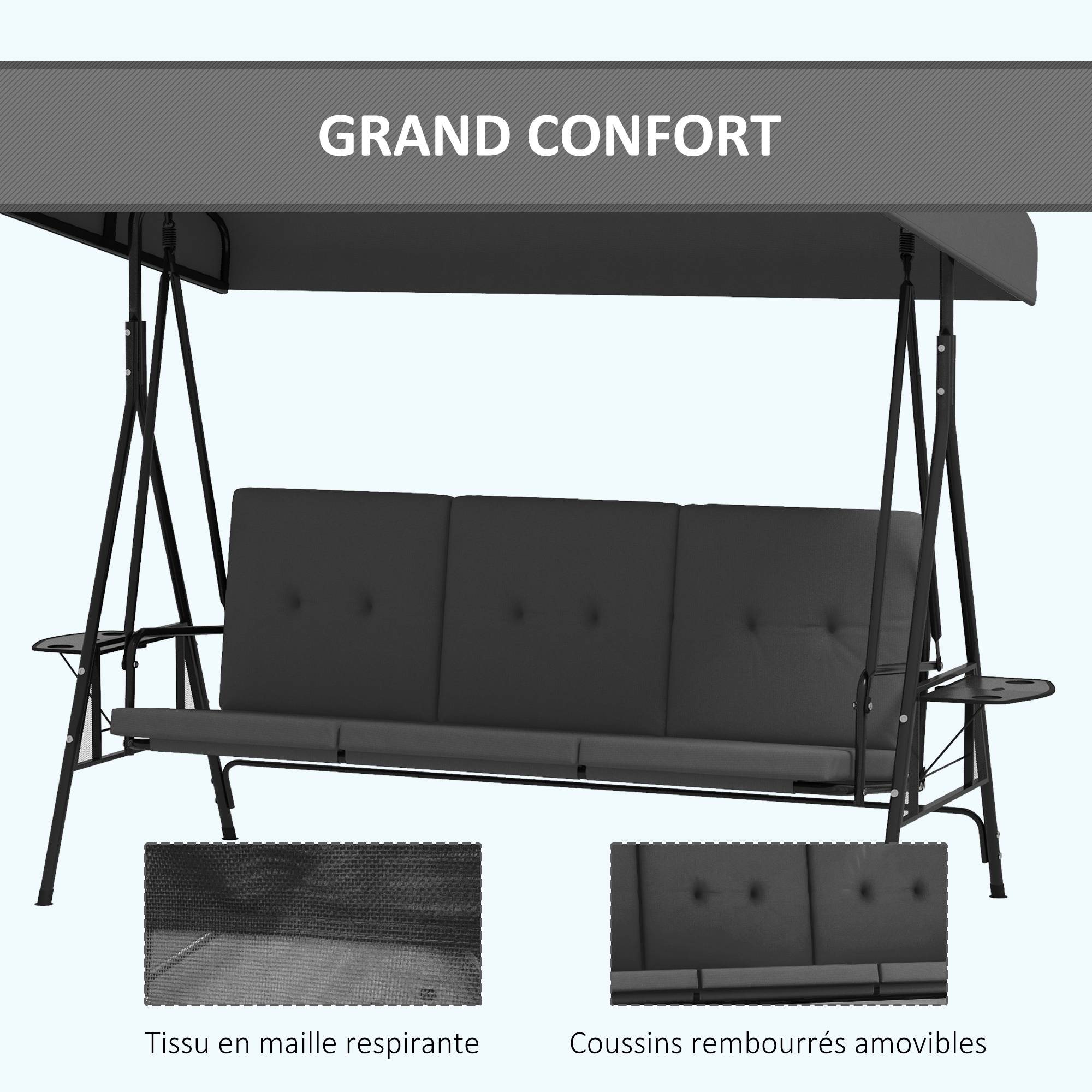 Balancelle jardin 3 places acier avec tablettes toit réglable 210x115x158cm gris - ComfortXL Outdoor Living - Image 8