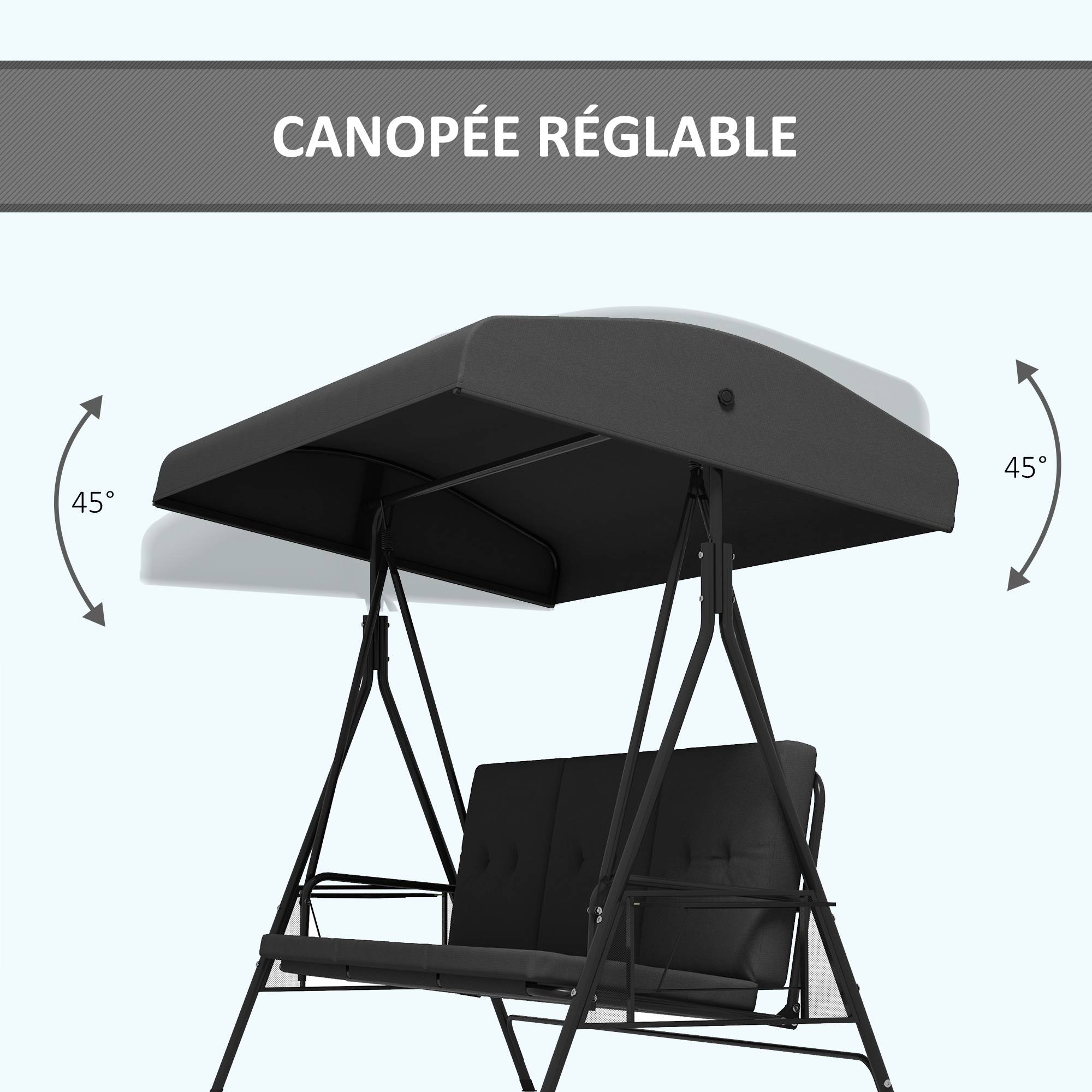 Balancelle jardin 3 places acier avec tablettes toit réglable 210x115x158cm gris - ComfortXL Outdoor Living - Image 7