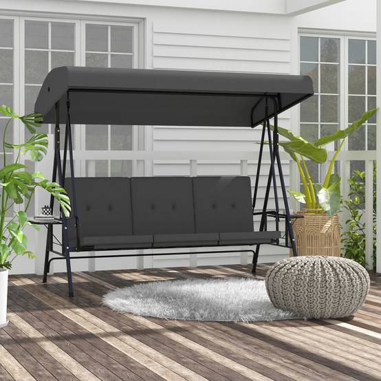 Balancelle jardin 3 places acier avec tablettes toit réglable 210x115x158cm gris - ComfortXL Outdoor Living - Image 4
