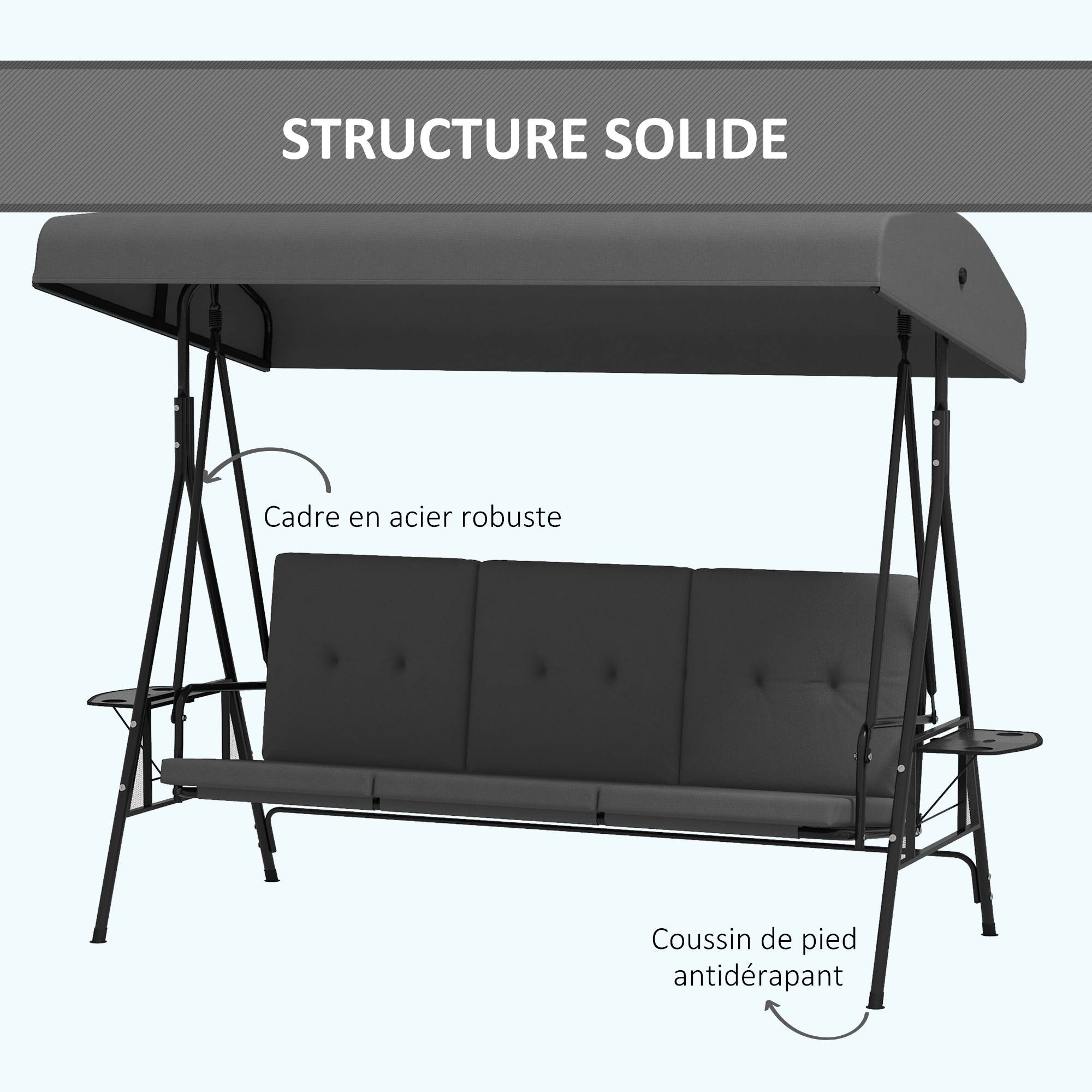 Balancelle jardin 3 places acier avec tablettes toit réglable 210x115x158cm gris - ComfortXL Outdoor Living - Image 10