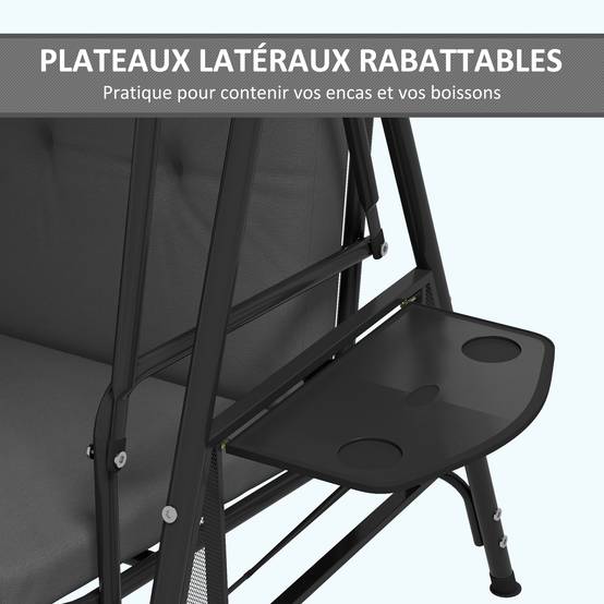 Balancelle jardin 3 places acier avec tablettes toit réglable 210x115x158cm gris - ComfortXL Outdoor Living - Image 9