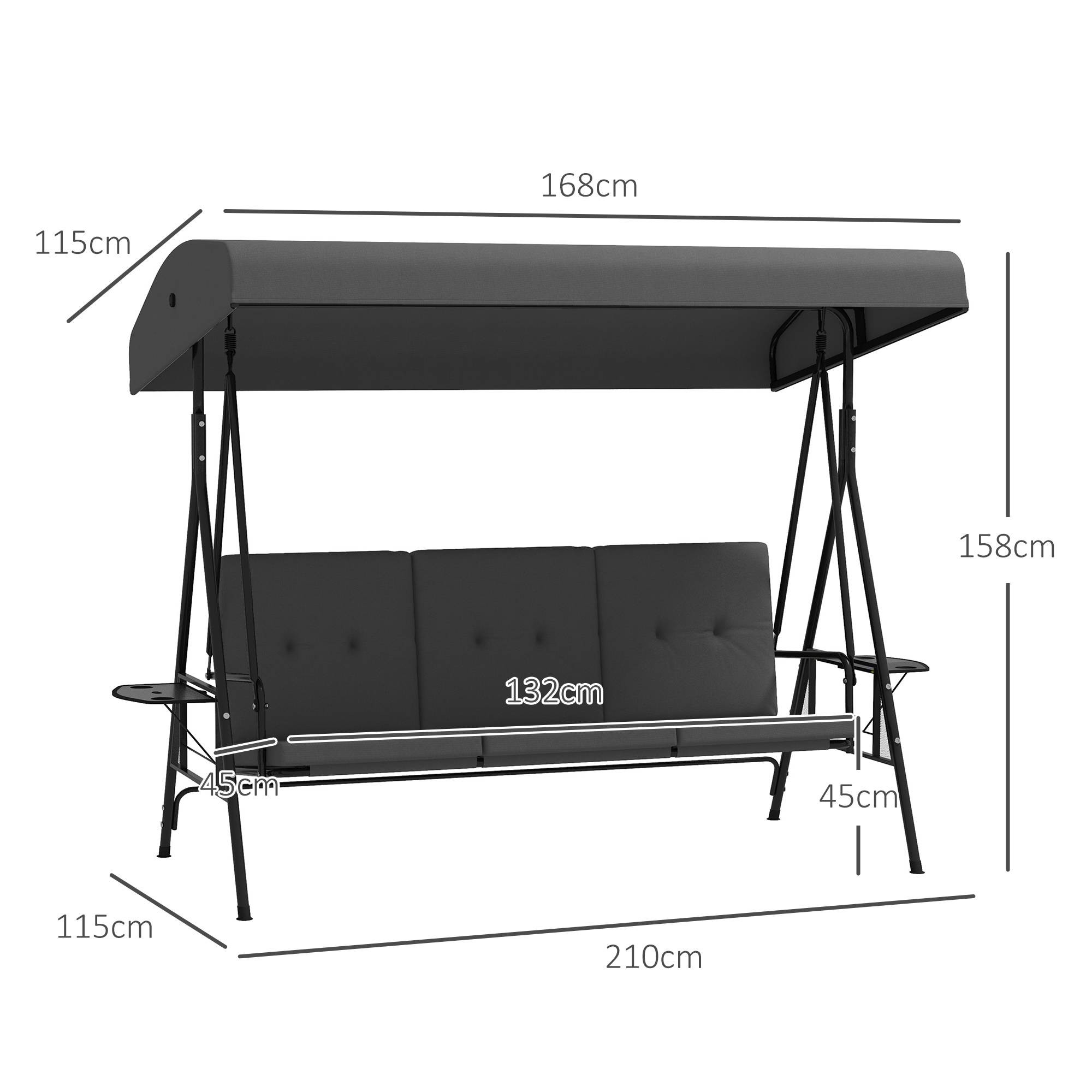 Balancelle jardin 3 places acier avec tablettes toit réglable 210x115x158cm gris - ComfortXL Outdoor Living - Image 5