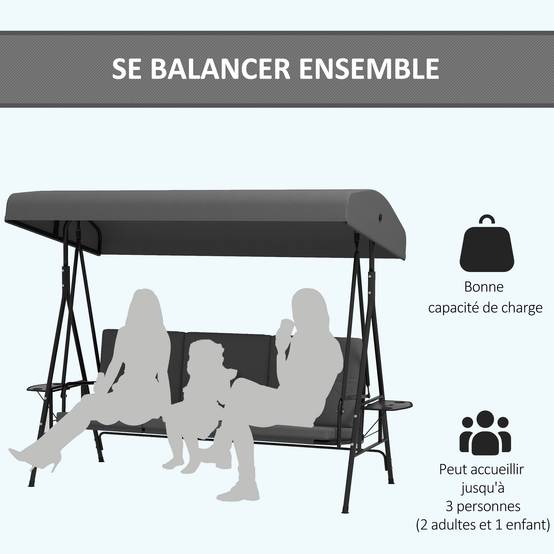 Balancelle jardin 3 places acier avec tablettes toit réglable 210x115x158cm gris - ComfortXL Outdoor Living - Image 6