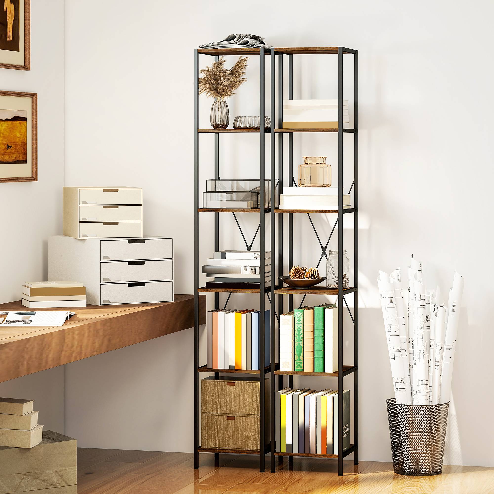 Ensemble de 2 étagères à 6 niveaux, structure en acier, pour salon, bureau, chambre, marron rustique - Image 3