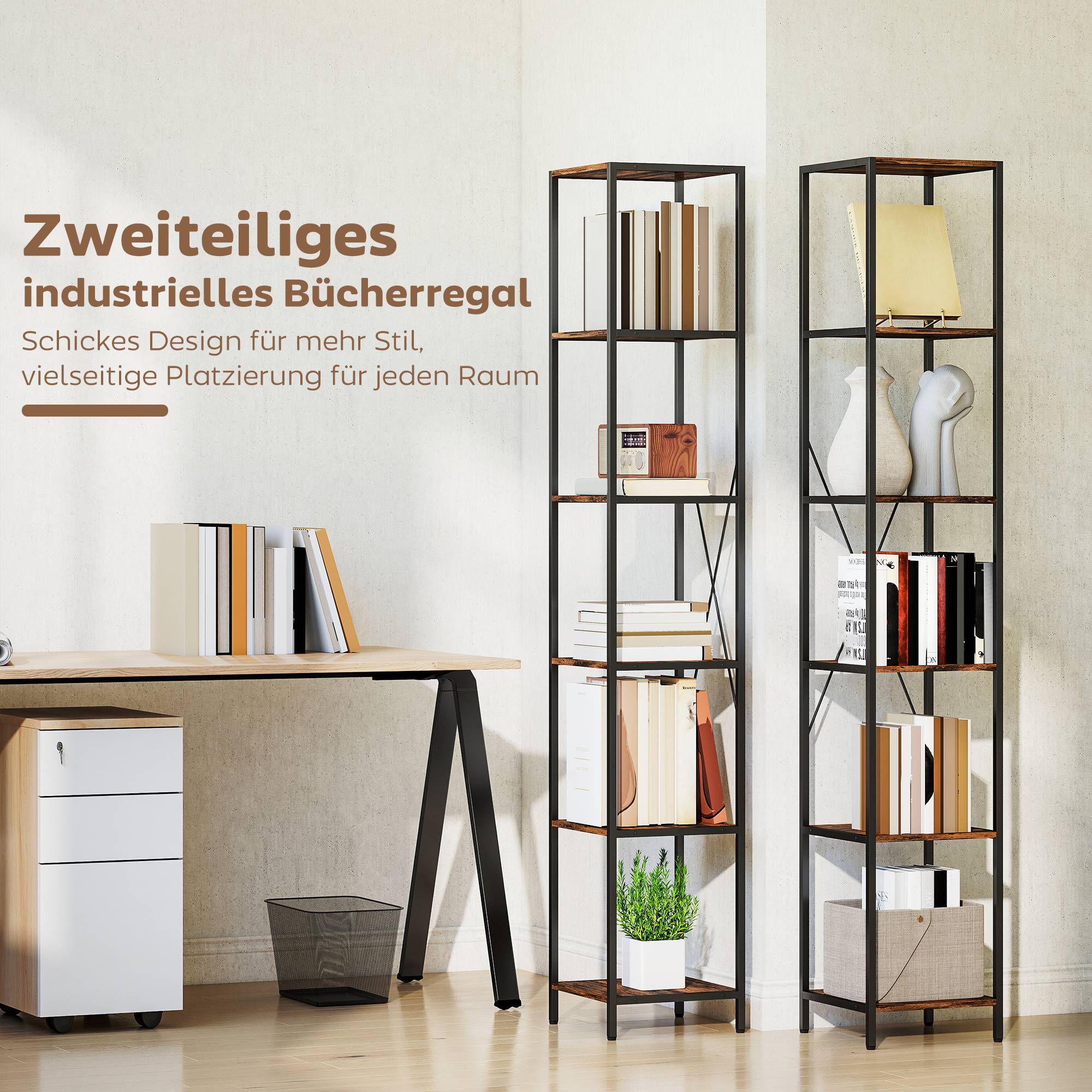 Ensemble de 2 étagères à 6 niveaux, structure en acier, pour salon, bureau, chambre, marron rustique - Image 7