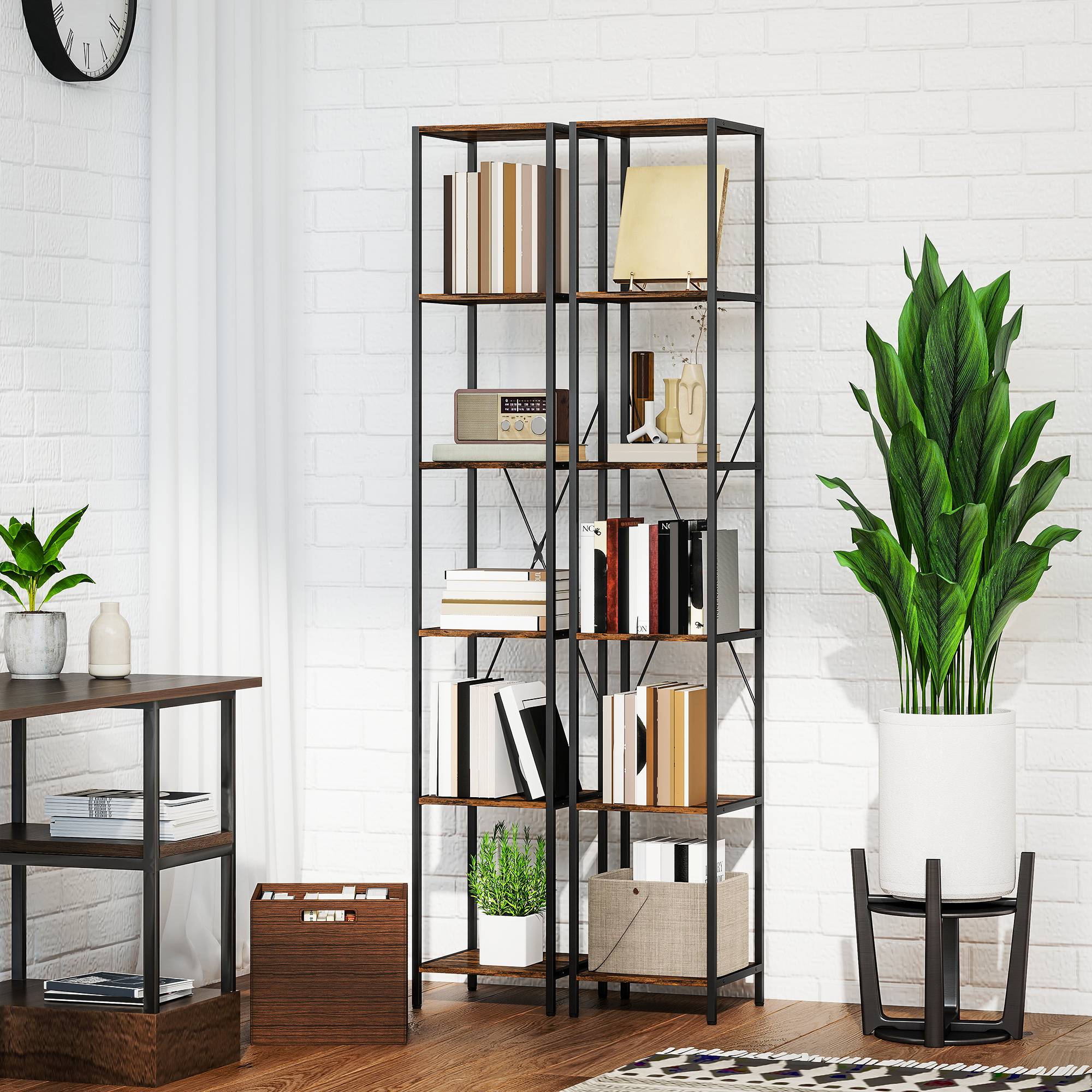 Ensemble de 2 étagères à 6 niveaux, structure en acier, pour salon, bureau, chambre, marron rustique - Image 10