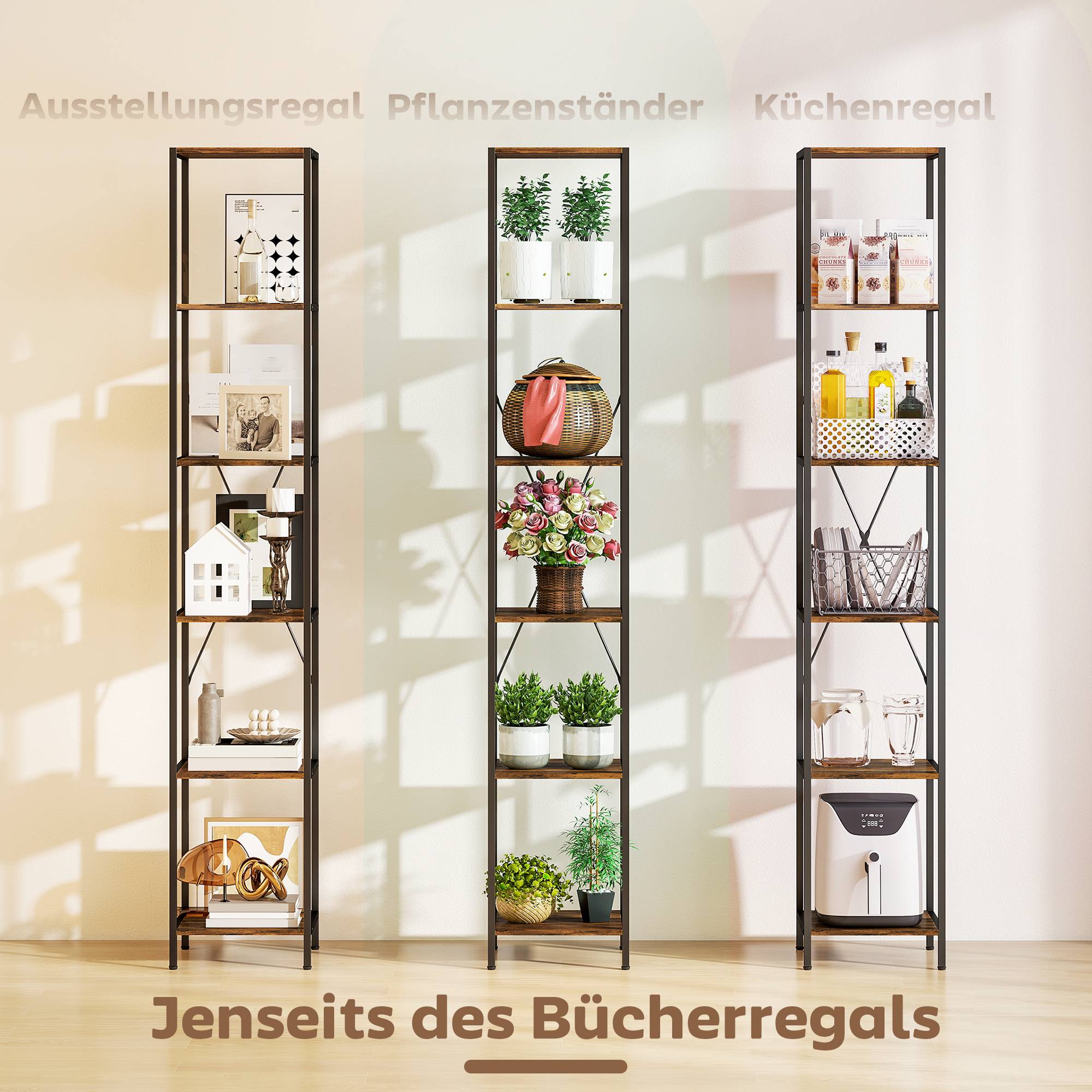 Ensemble de 2 étagères à 6 niveaux, structure en acier, pour salon, bureau, chambre, marron rustique - Image 9
