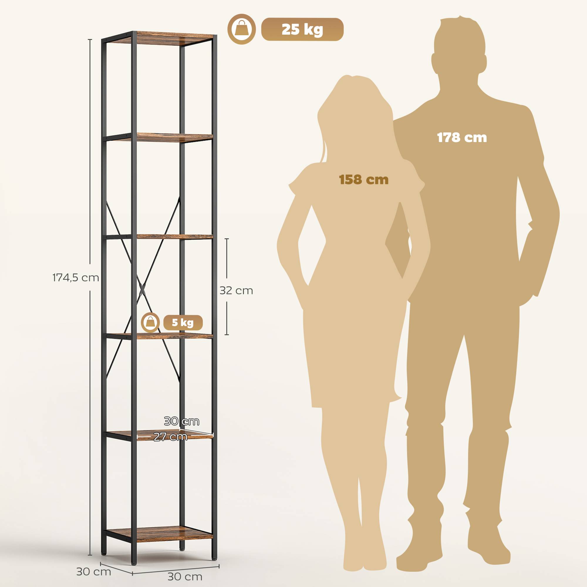 Ensemble de 2 étagères à 6 niveaux, structure en acier, pour salon, bureau, chambre, marron rustique - Image 5